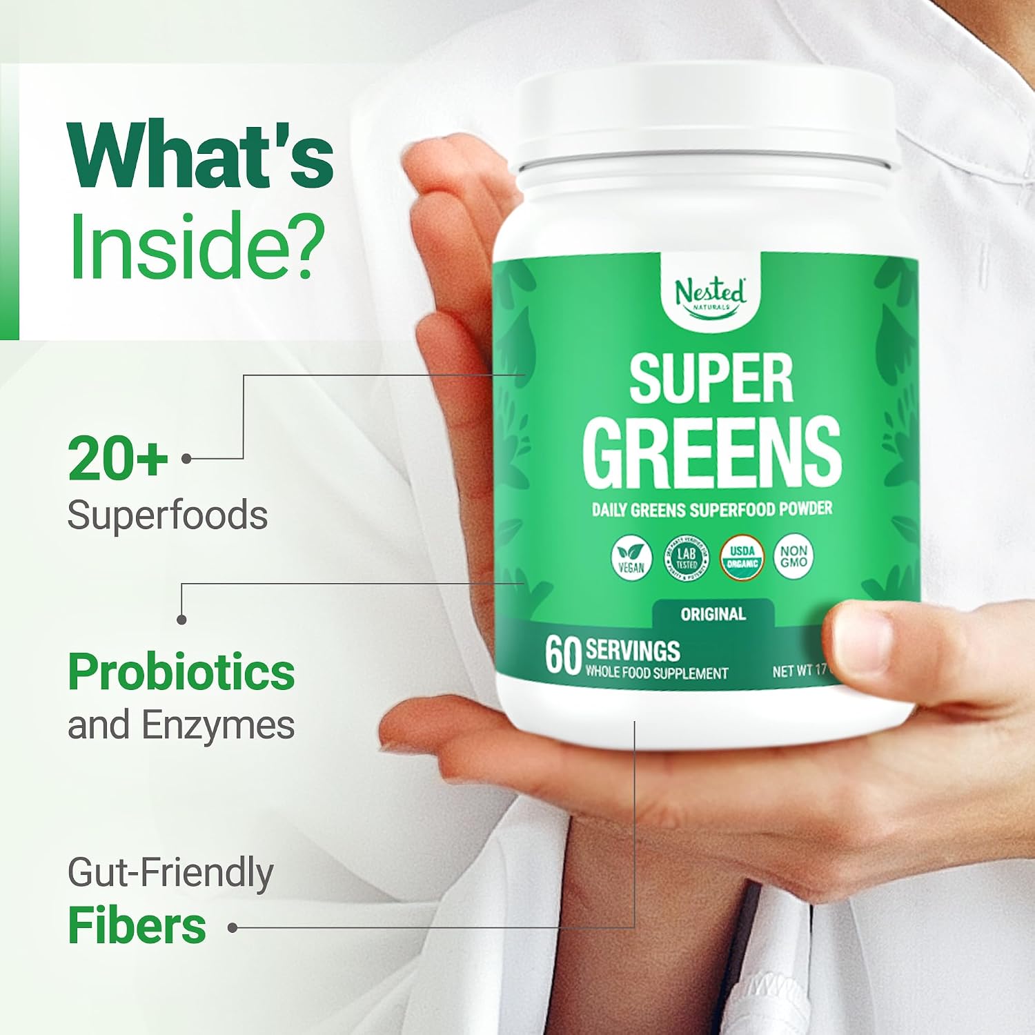 Nested Naturals Super Greens Daily Superfood Powder - Certified USDA Organic Green Powder w/20+ Whole Foods, Spirulina Powder,Wheat & Barley Grass - Probiotics, Fiber & Enzymes - Original Flavour, 30