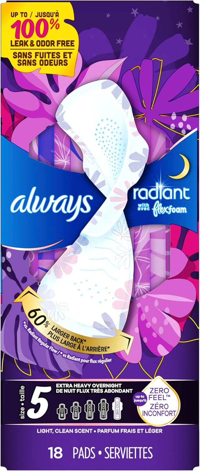 Always Radiant Flexfoam Pads for Women, Size 5, Extra Heavy Overnight Absorbency, With Wings, Scented, 18Count