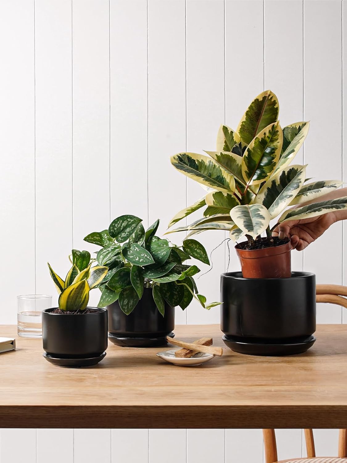 LE TAUCI Ceramic Plant Pots, 4.3+5.3+6.8 inch, Set of 3, Planters with Drainage Hole and Saucer, Indoor Flower Pot with Hole Mesh Pad, Gifts for Mom