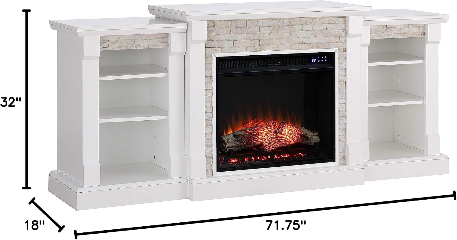 SEI Furniture Gallatin Faux Stone Electric Fireplace with Bookcases, New White