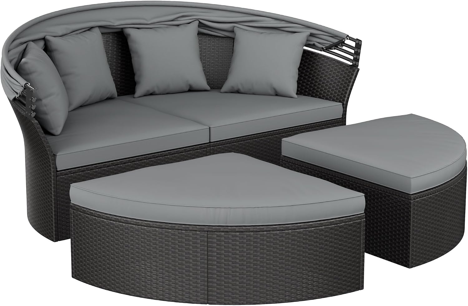 Outdoor Patio Furniture Canopy Daybed Round Sofas, 4 Pieces Seating Separates Cushioned Seats, Black Wicker, Lawn Poolside Garden, Grey