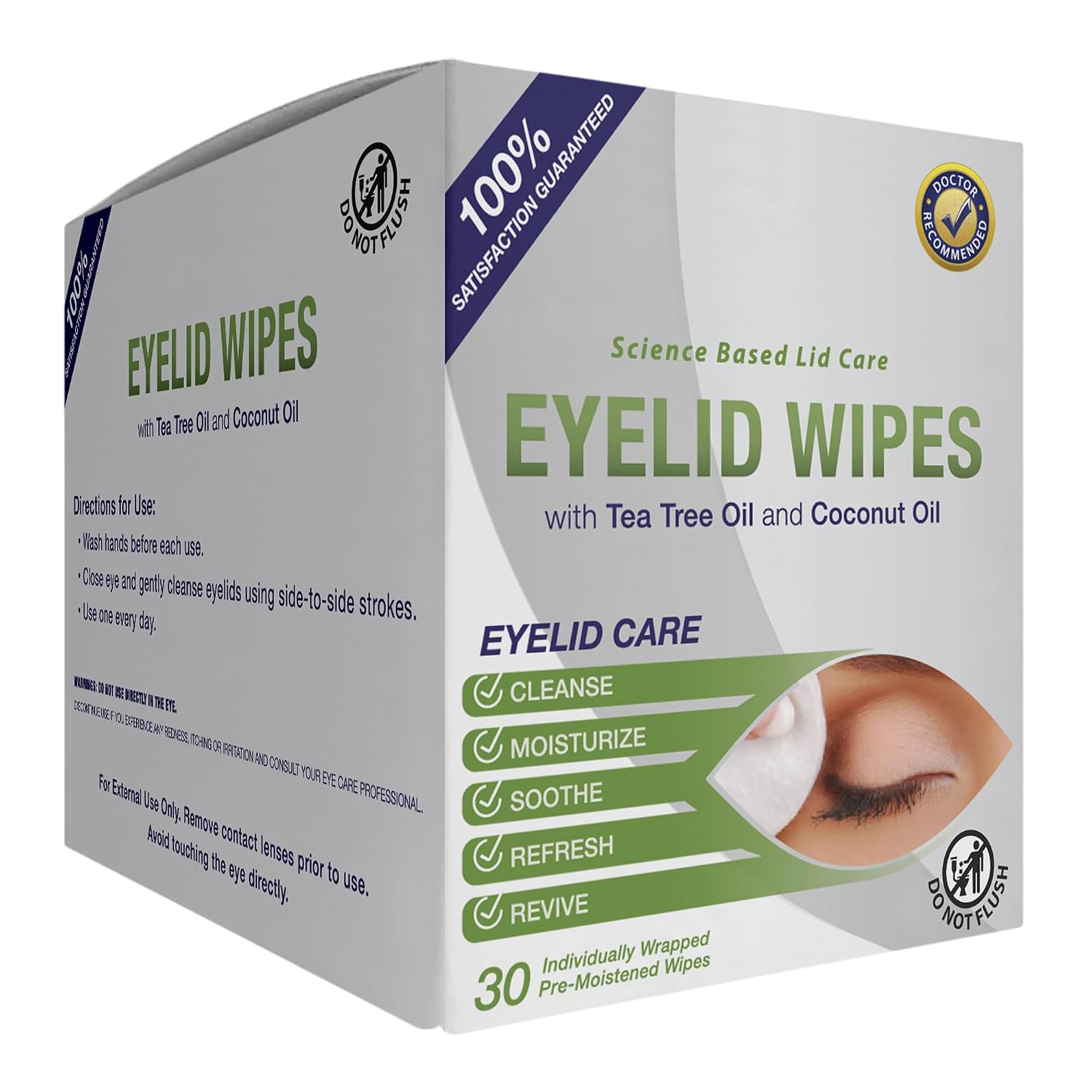 Lunovus Premium Eyelid Wipes With Tea Tree and Coconut Oil - Cleansing Wipes for People Itchy Eyes - Individually Wrapped - Box Of 30 Natural Eye