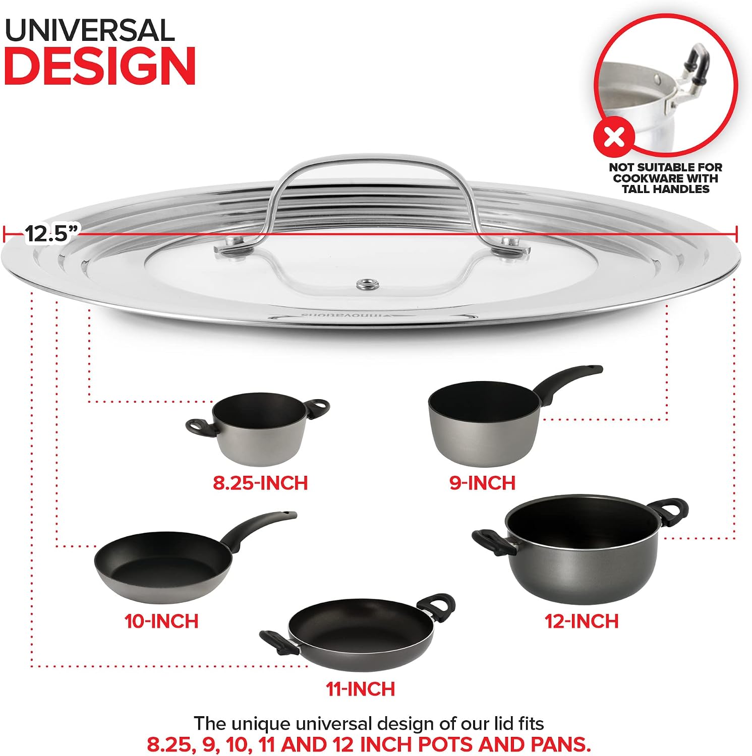 Modern Innovations Universal Lid with Tempered Glass Top for Pots & Pans, Fits 8.25, 9, 10, 11