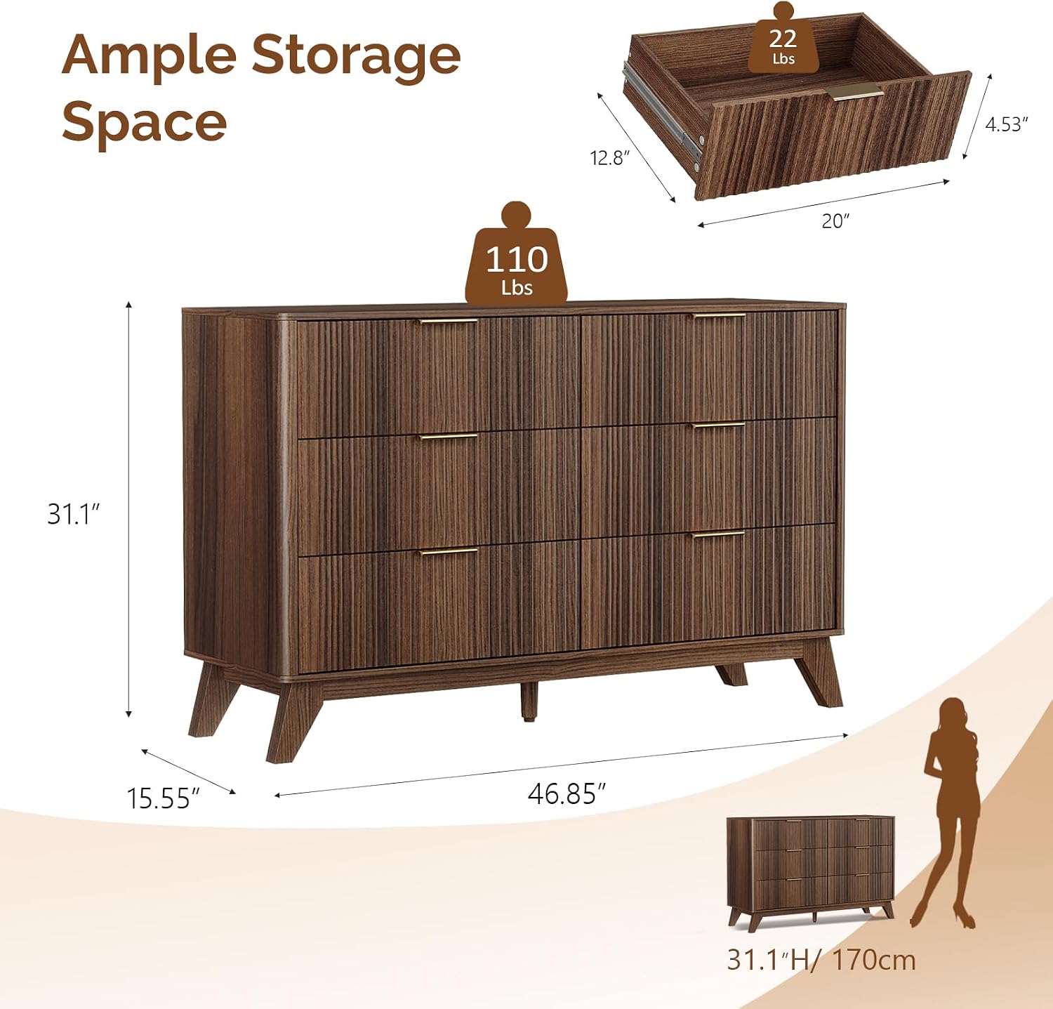 VINGLI Fluted Tall Dresser 5 Drawer, 23.66" W Chest of Drawers Gray Wood Dresser with Rounded Edges, Grey Dressers for Bedroom