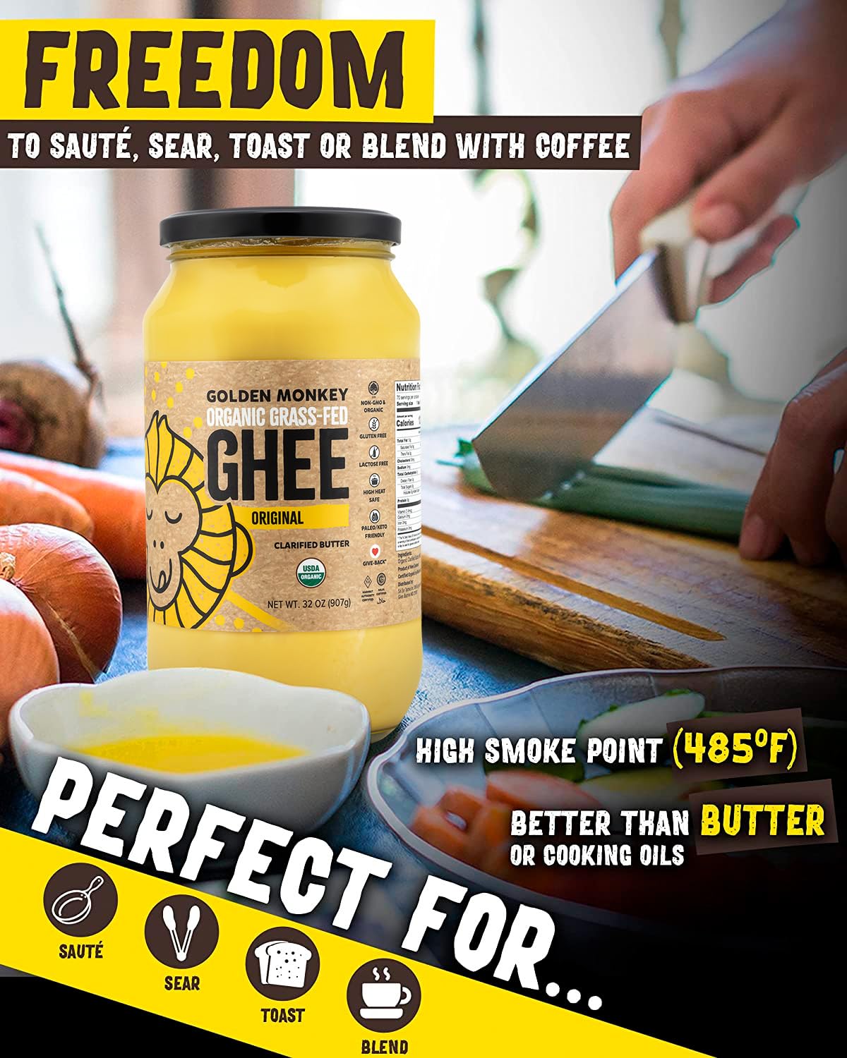 GOLDEN MONKEY Organic Ghee Butter – Grass Fed Clarified Butter for Cooking, Baking