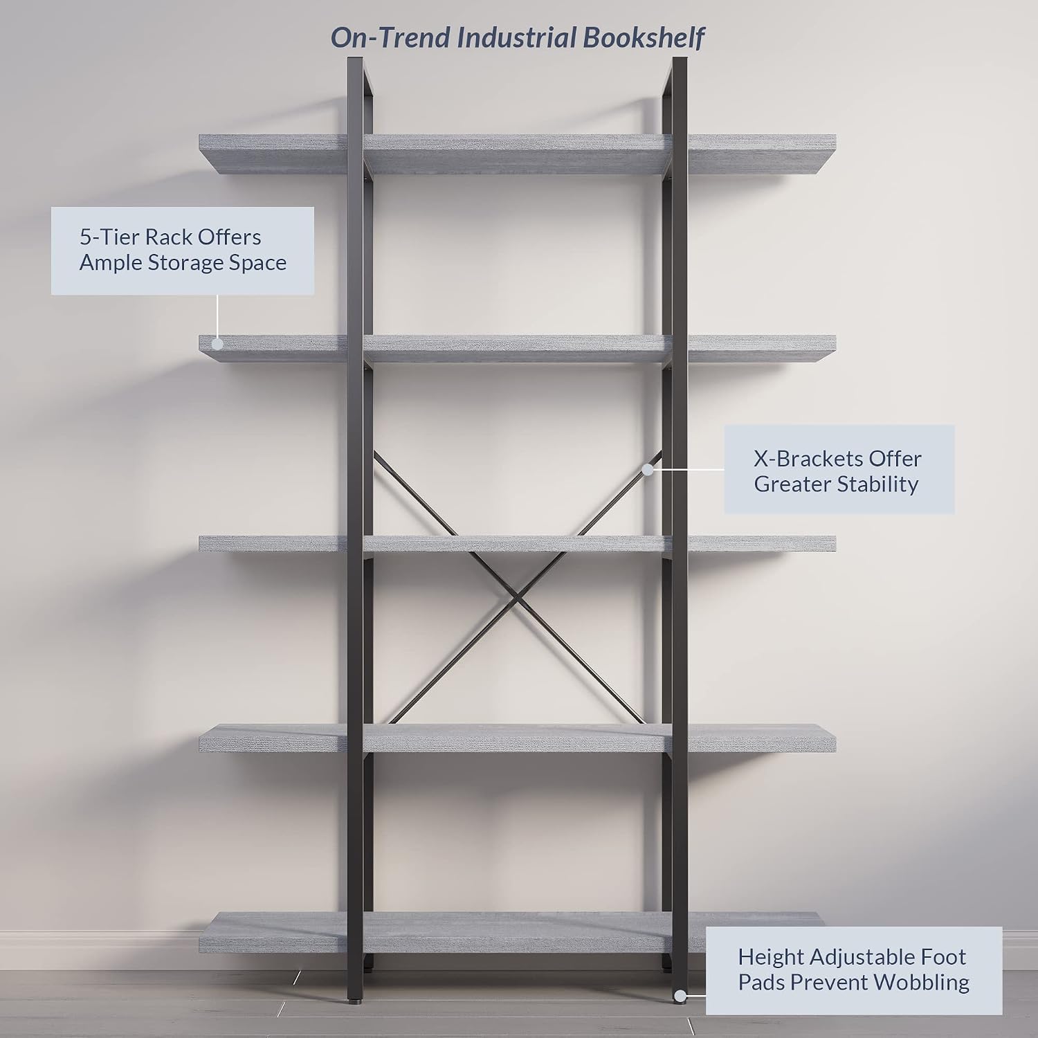 BELLEZE 4 Tier Modern Rustic Industrial Bookshelf, Open Wide Office Etagere Book Shelf