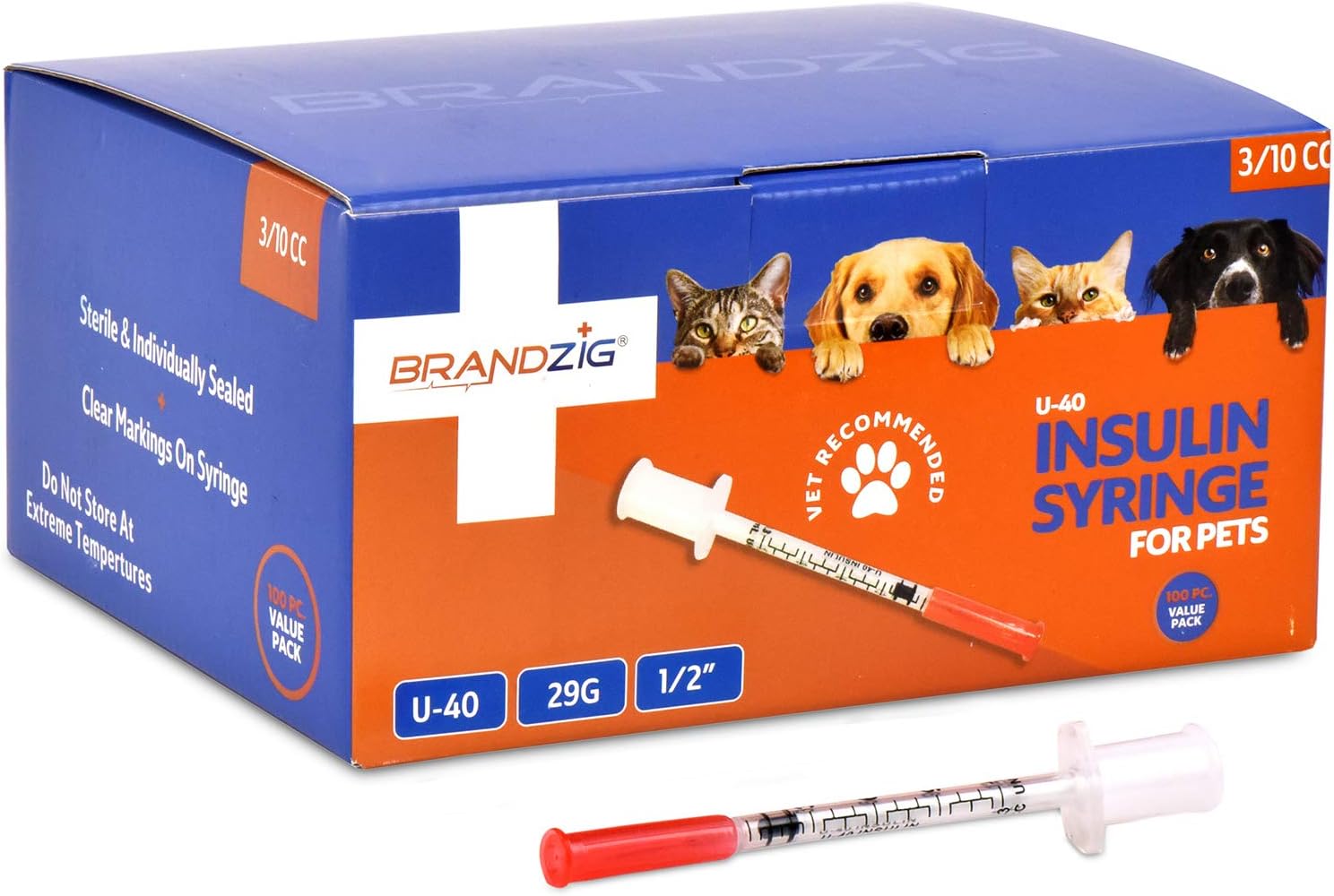 Brandzig U-40 Pet Insulin Syringes 29G 3/10cc, 1/2" 100-Pack