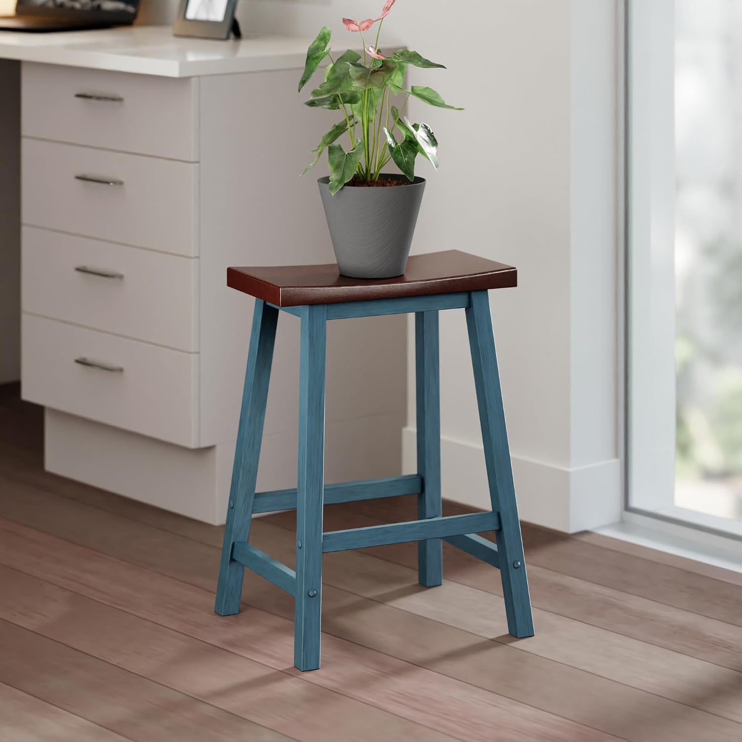 Winsome Satori Saddle Seat Counter Stool, Walnut, 24" | Classic Backless Bar Chairs for Kitchen & Dining Room Seating, Timeless Essential Furniture for Home, Dorm, Apartments