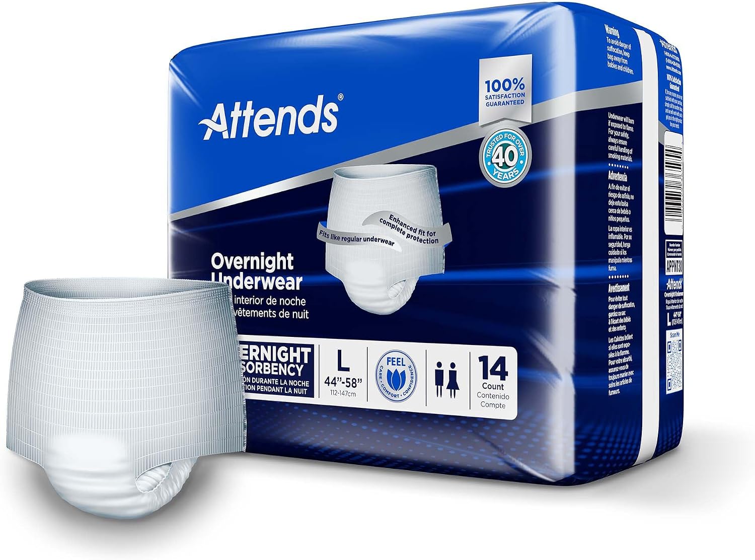 Attends Overnight Underwear for Adult Incontinence Care with ConfidenceCuff™ Protection, Overnight Absorbency, Unisex, X-Large, 12 Count (x4) | Unisex