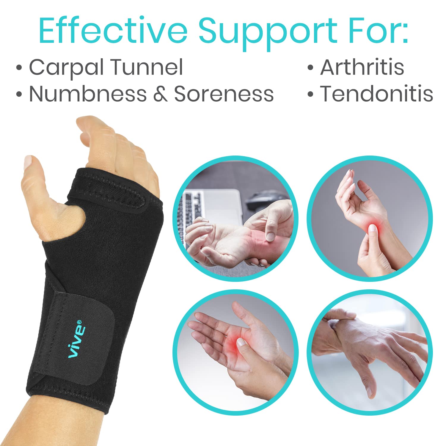 Vive Wrist Brace - Carpal Tunnel Hand Compression Support Wrap for Men | Women, Tendinitis, Bowling, Sports Injuries Pain Relief - Removable Splint - Universal Ergonomic Fit (Black, Right)