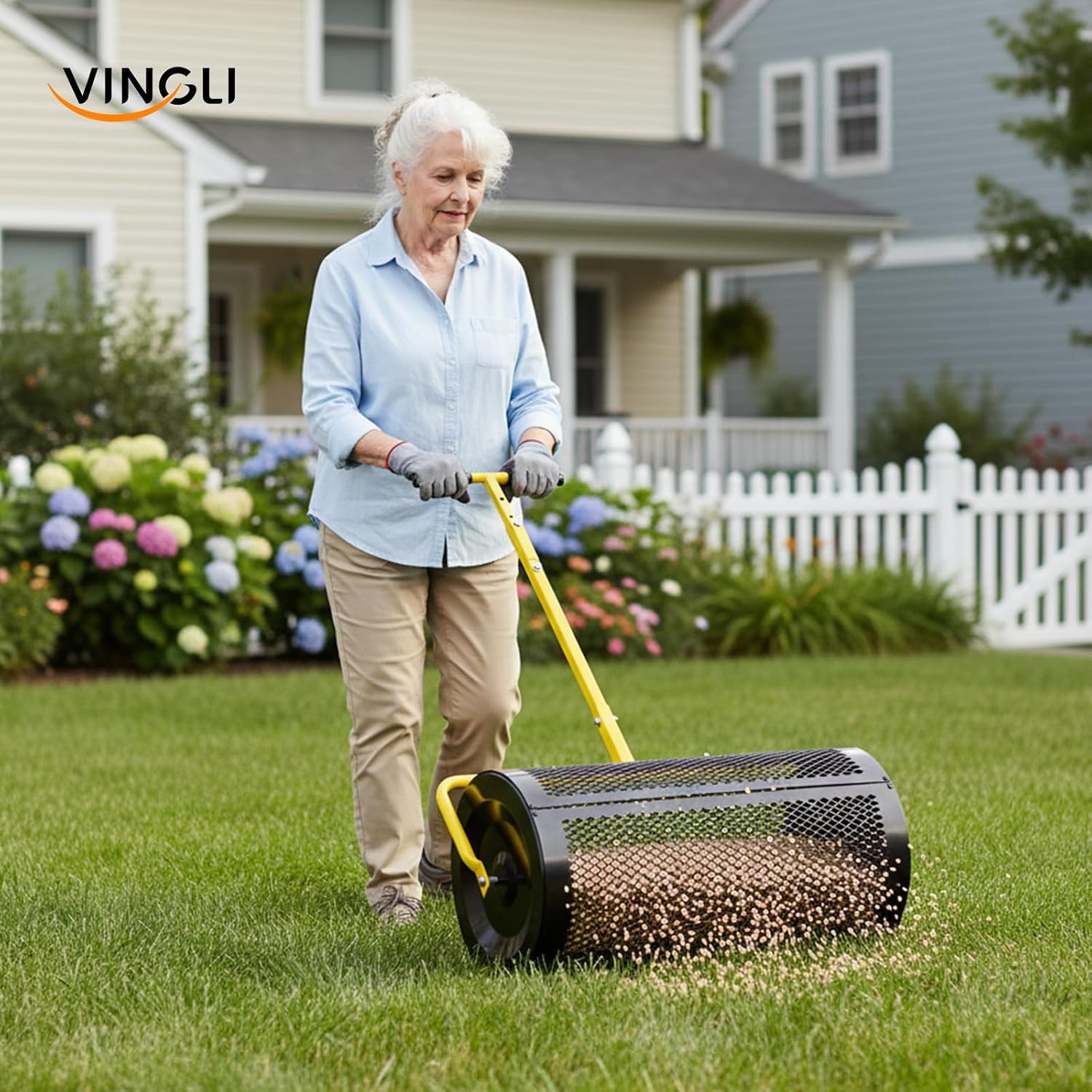 VINGLI Compost Spreader, 24 inch Peat Moss Spreader with Height Adjustable Handle, T Shaped Handle Peat Moss Roller, Seed Spreader for Lawn Backyard Outdoor (24"-Black & Yellow)