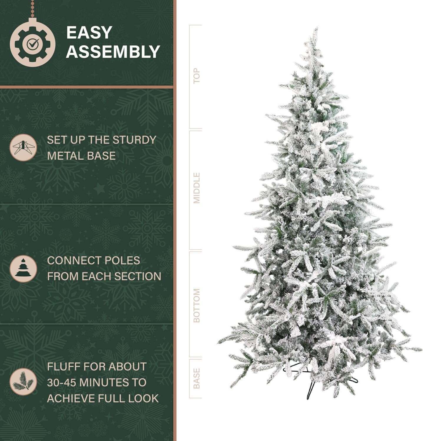 Fraser Hill Farm 7.5-Ft. Mountain Pine Flocked Artificial Christmas Tree with Stand, Unlit Foldable Fake Tree with Realistic Snowy Foliage for Home Decoration