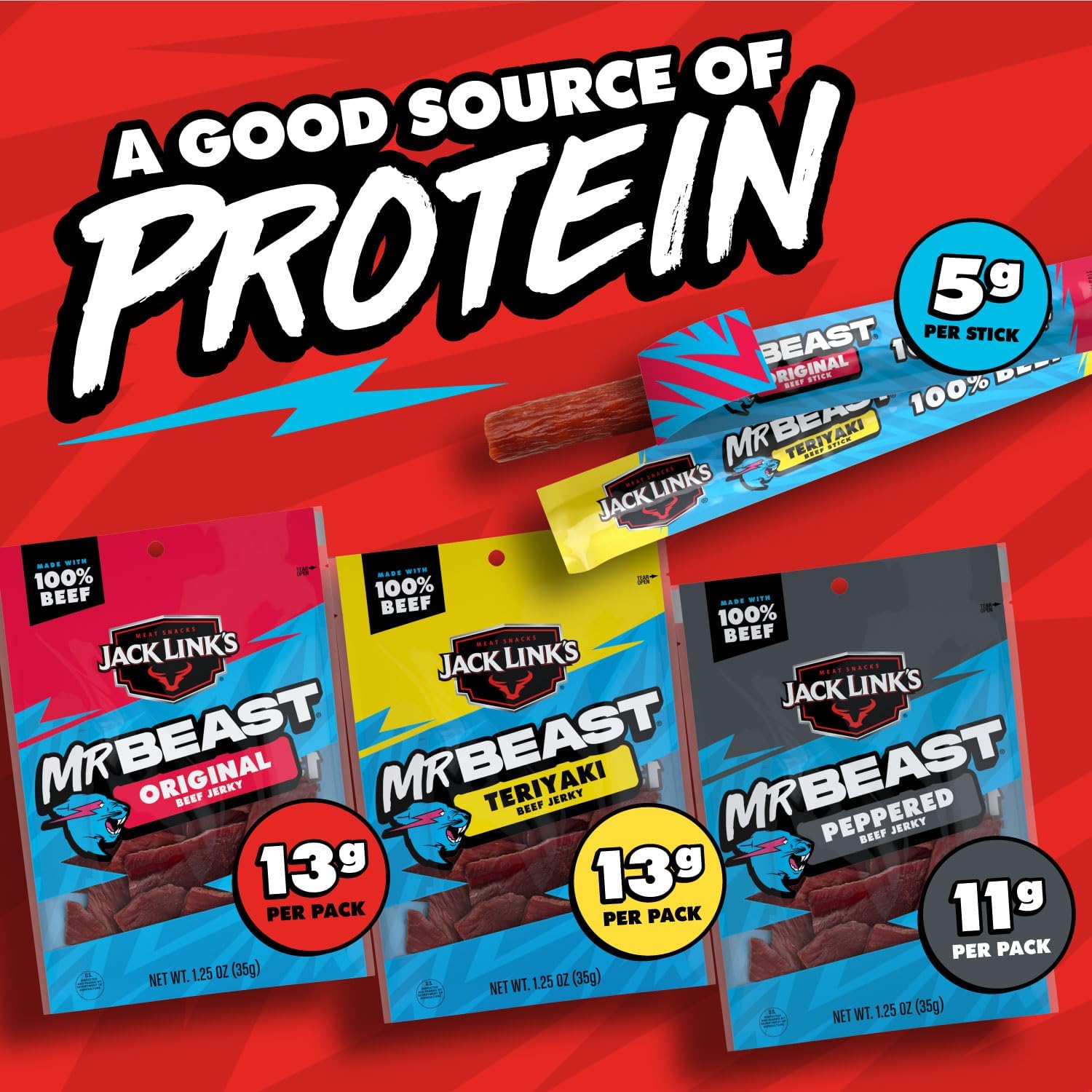 Jack Link's MrBeast Beef Jerky, Peppered Beef Jerky - 10 Count | As Seen on Beast Games, 11g Protein, Made with 100% Real Beef, Pantry-Ready Snacks