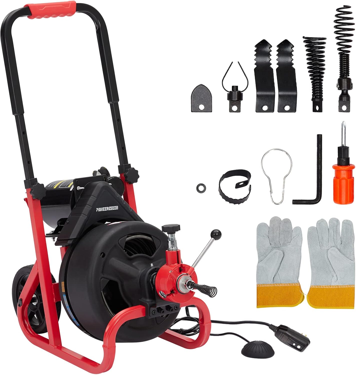 PIONEERWORKS Plumbing Snake & Drain Auger 100Ft x 3/8In, Electric Drain Cleaner Machine with Auto Feed, 6.8A Sewer Auger for 1-4 Inch Pipes