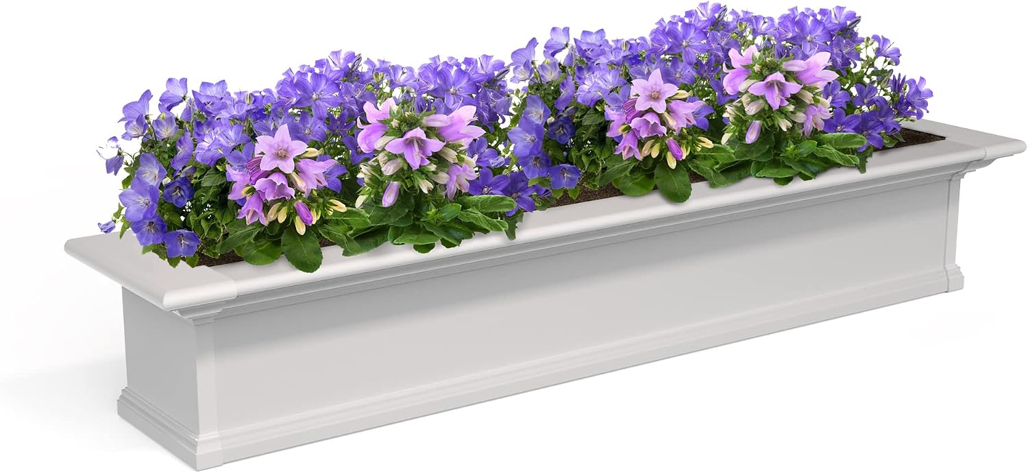 Mayne Yorkshire 60in Self-Watering Rectangular Window Box Planter, White | Self-watering, All season, Fade resistant, Customizable, Mounting brackets included, Built-in overflow, 15-year warranty