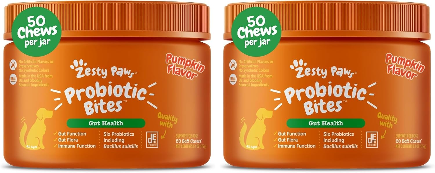 Zesty Paws Probiotics for Dogs - Digestive Enzymes for Gut Flora, Digestive Health, Diarrhea & Bowel Support - Clinically Studied DE111 - Dog Supplement Soft Chew for Pet Immune System - Pumpkin, 90ct