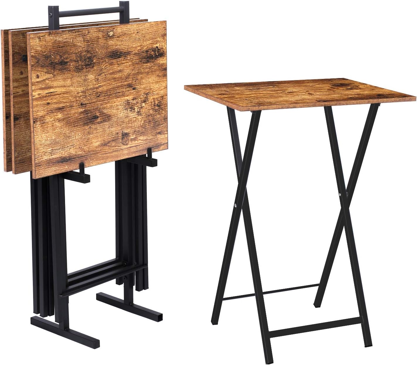 HOOBRO Folding TV Tray Tables, Set of 4 TV Trays with Storage Rack, Industrial Side Table for Eating at Couch, Foldable Snack Table for Small Space