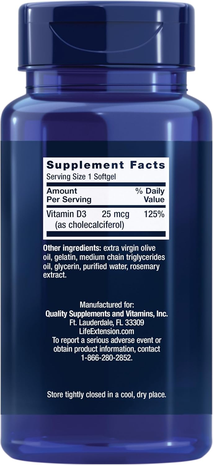 Life Extension Vitamin D3 25 mcg (1000 IU), Immune System Support, Bone Health, Whole-Body Health, Value Size, Gluten-Free, Non-GMO, 250 softgels | Bone Health, Cognitive Health & Immune System Support, Gluten-Free & Non-GMO, Once Daily for a Two-Month S…