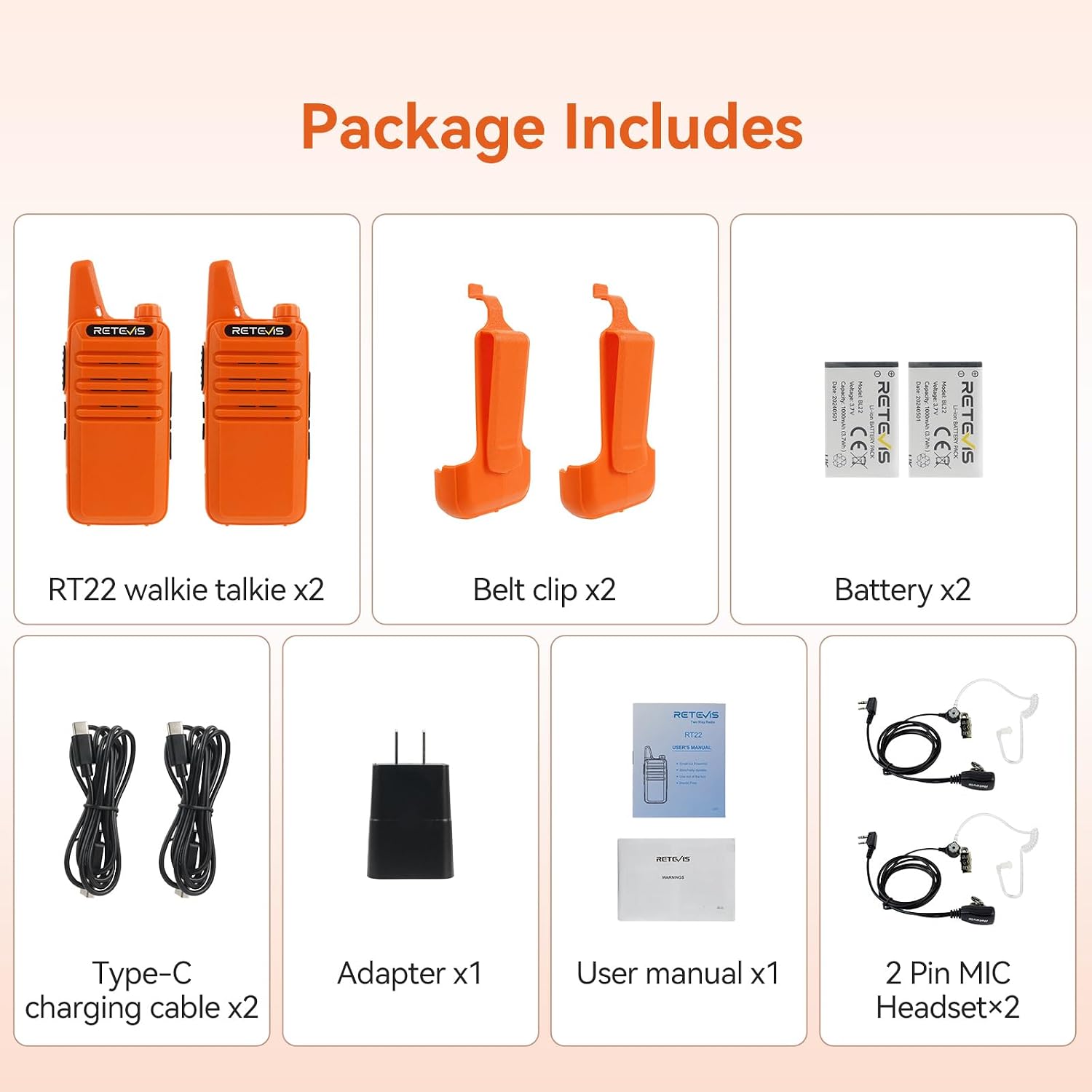 Retevis RT22 Walkie Talkies Long Range Rechargeable with Earpiece (2 Pack) | Slim & Lightweight 2 Way Radio For Camping & Hiking, Pocket-Friendly Antenna, Ready to Use, 10-Hour Battery, USB-C Charging
