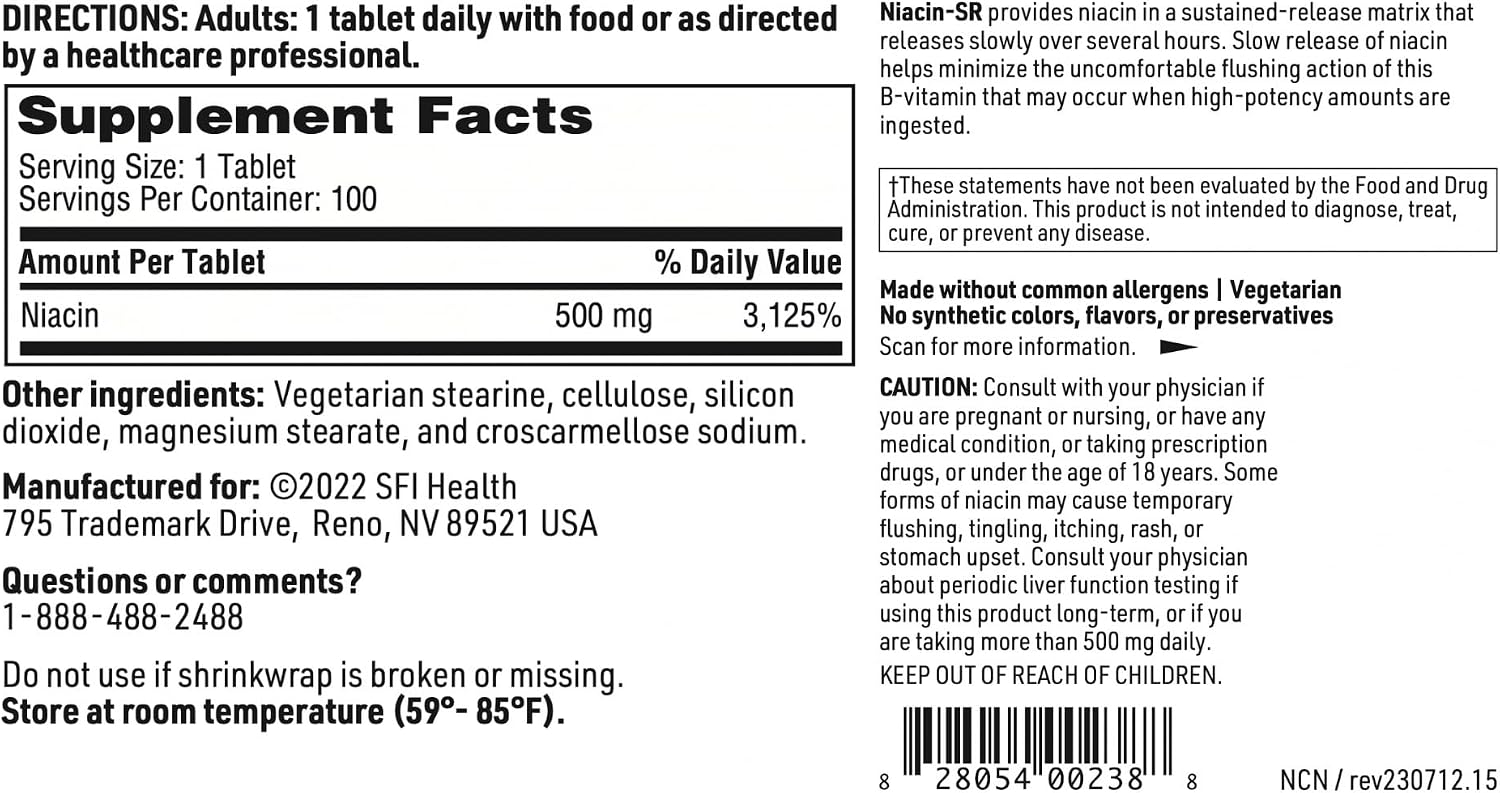 SFI Health Klaire Labs Niacin-SR, 100 Scored Tablets | 500 Milligrams Sustained Release Essential Vitamin B3 to Help Avoid Flush