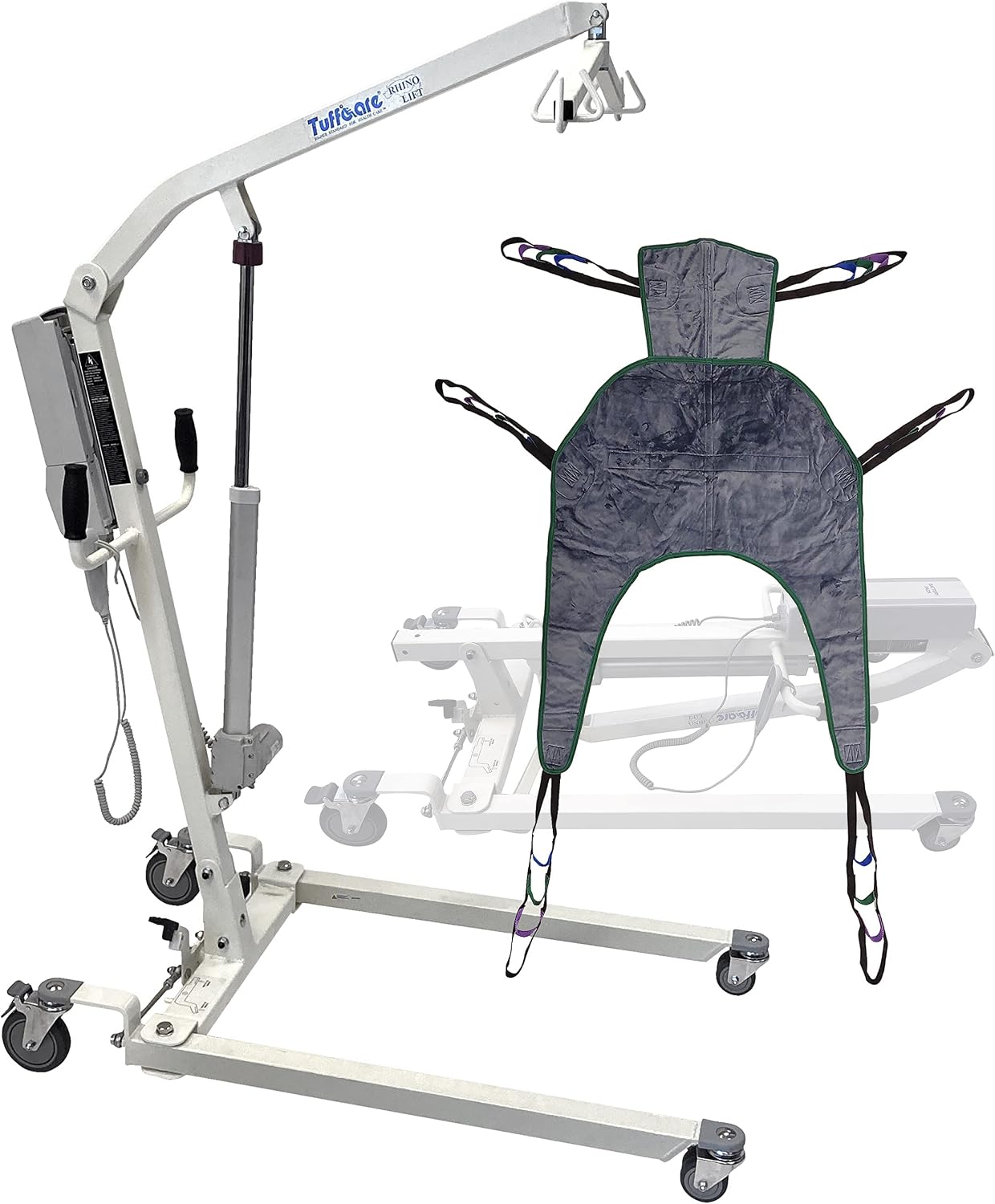 Electric Patient Lift - Rhino Lift with Manual Low Base - with Universal Divided Leg Sling(Large), 450 lb. Weight Capacity.