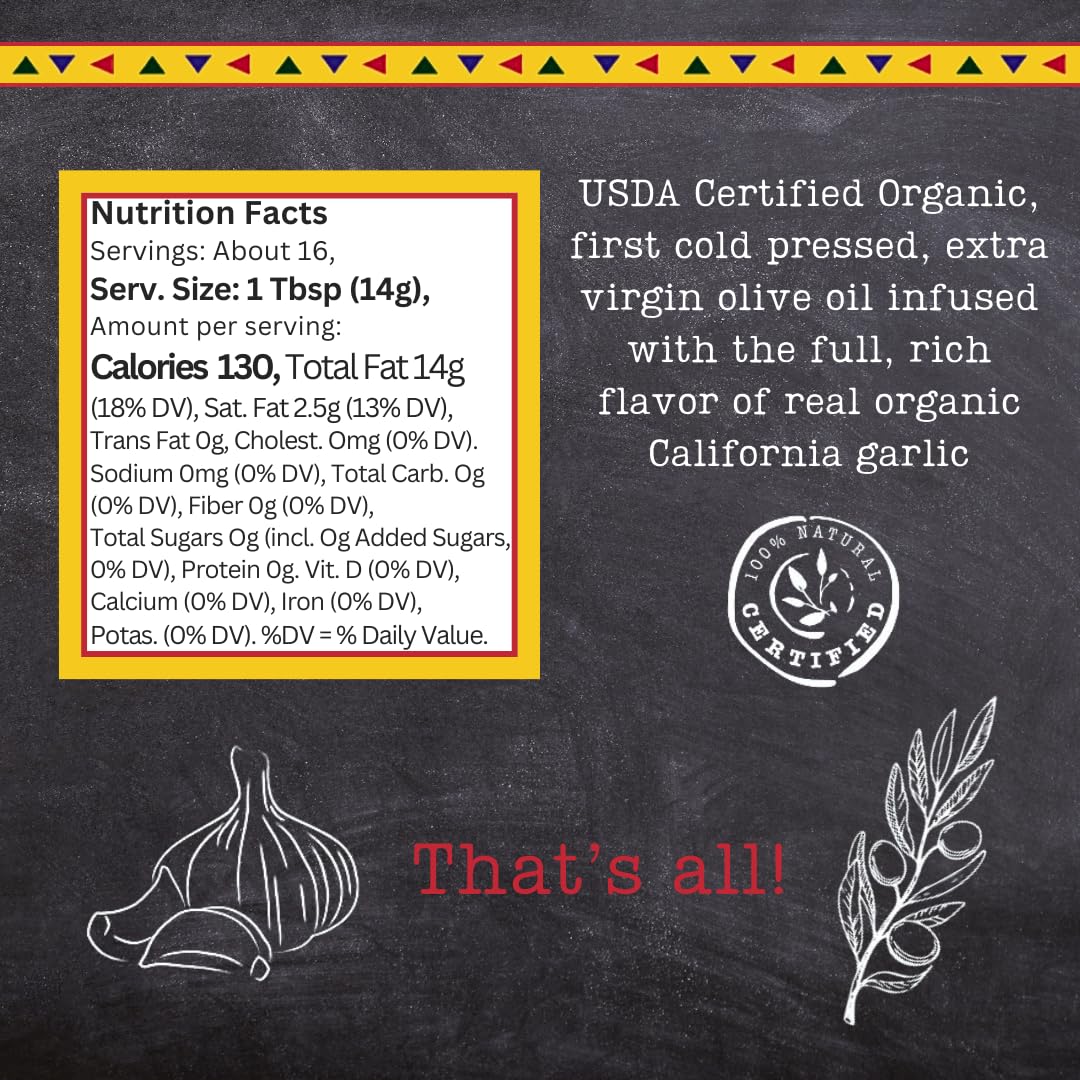 Garlic Gold Extra Virgin Olive Oil Infused with Garlic, Premium Certified USDA Organic, Low FODMAP, Cold Pressed (250 mL, 6 Pack) | 8.44 Fl Oz - 250 ml (6 Pack), First Cold Pressed, Hand Crafted, Artisanal, USDA Organic, Low FODMAP, Gluten Free