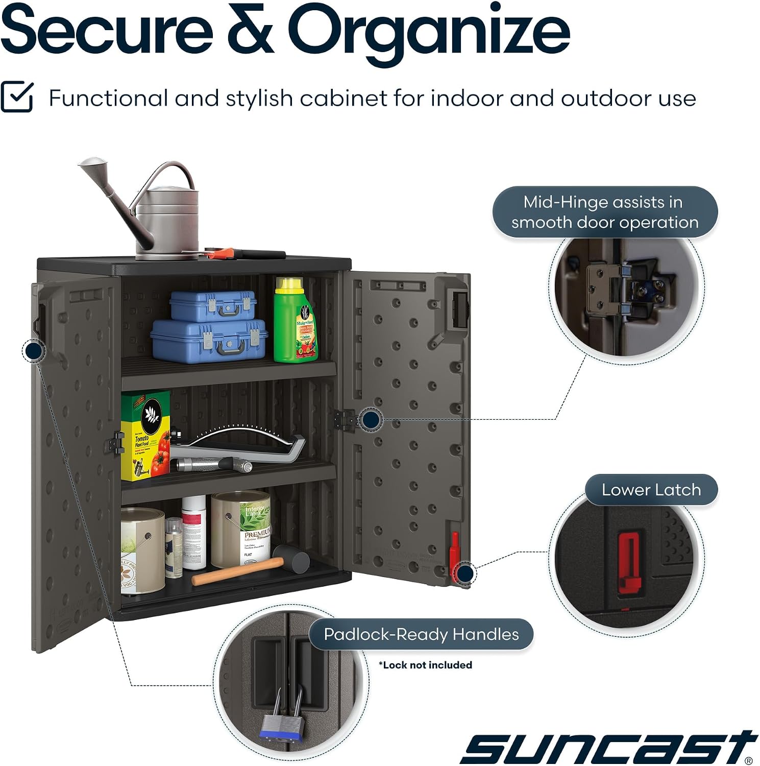 Suncast 30" Heavy-Duty Resin Outdoor Storage Cabinet, Lockable, Dark Gray