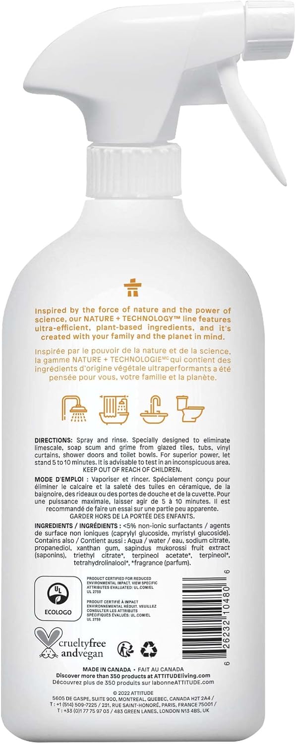 ATTITUDE Bathroom Cleaner Spray, EWG Verified, Plant-Based & Vegan, Safe for Bathroom Surfaces, Tiles, Tubs, Shower Walls, and Grout, Citrus Zest Scent, 27.1 Fl Oz