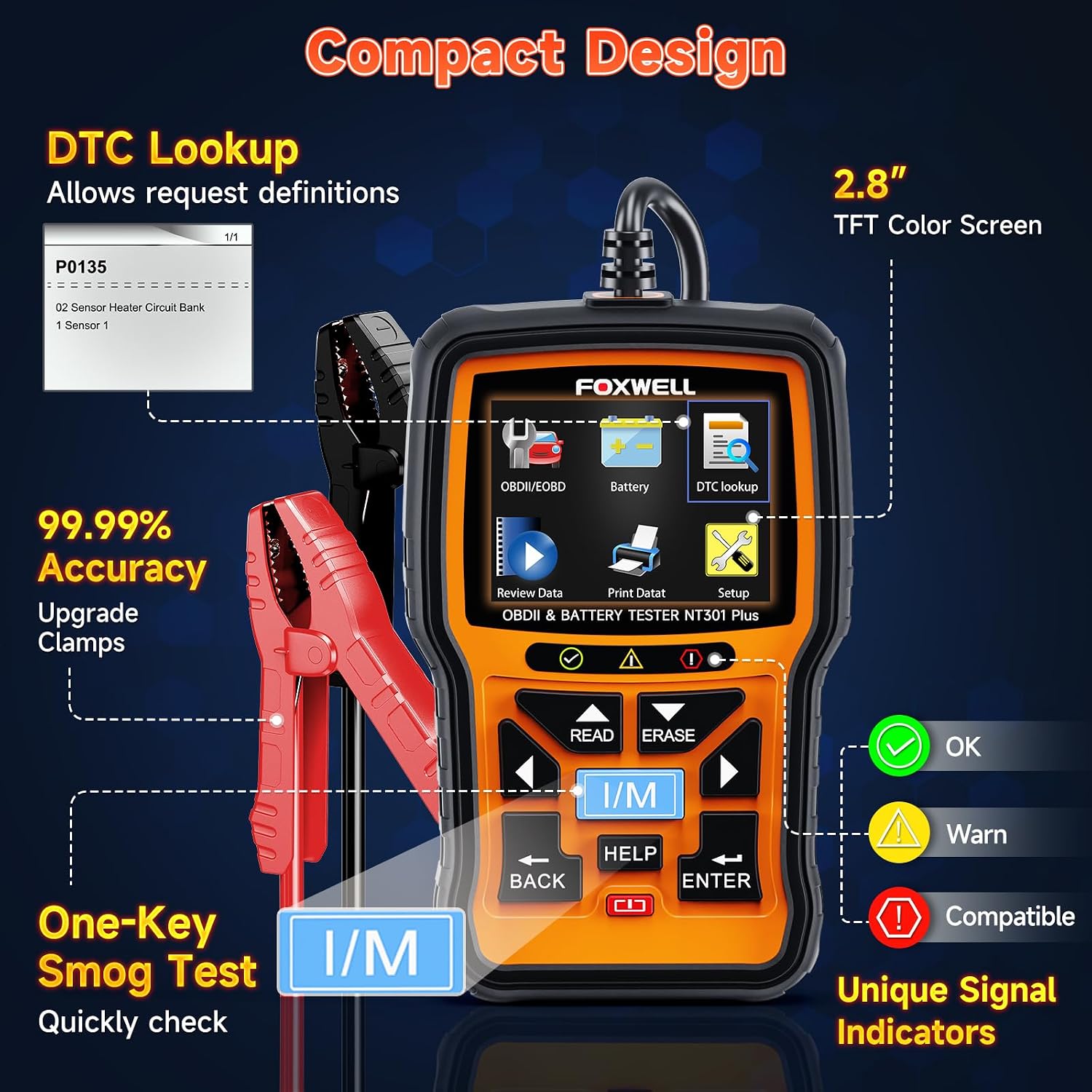 FOXWELL NT301 Plus 2 IN1 OBD2 Scanner Battery Tester with Storage Case Code Reader Scan Tool