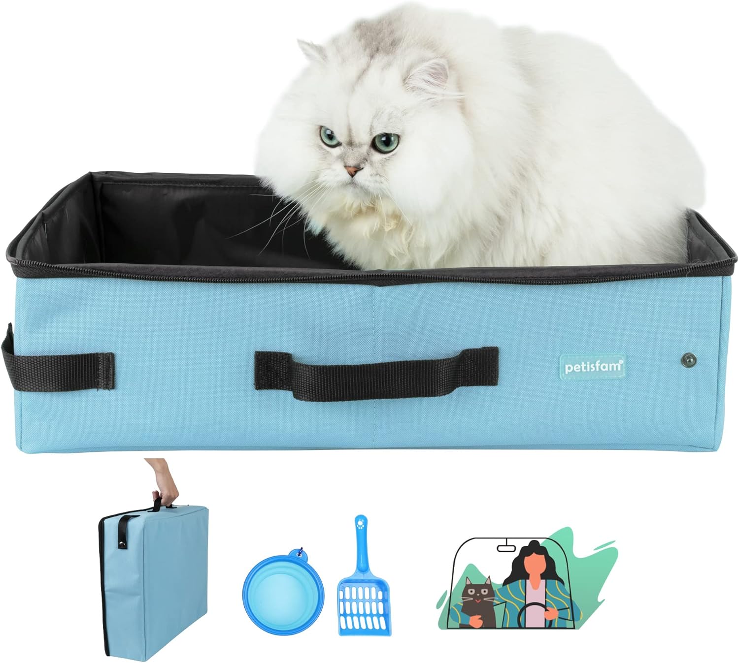 Portable Travel Litter Box for Cats with Lid to Contain Litter and Odor. Easy to Carry, Clean and Store. Easy for Car Travel, Hotle Stays
