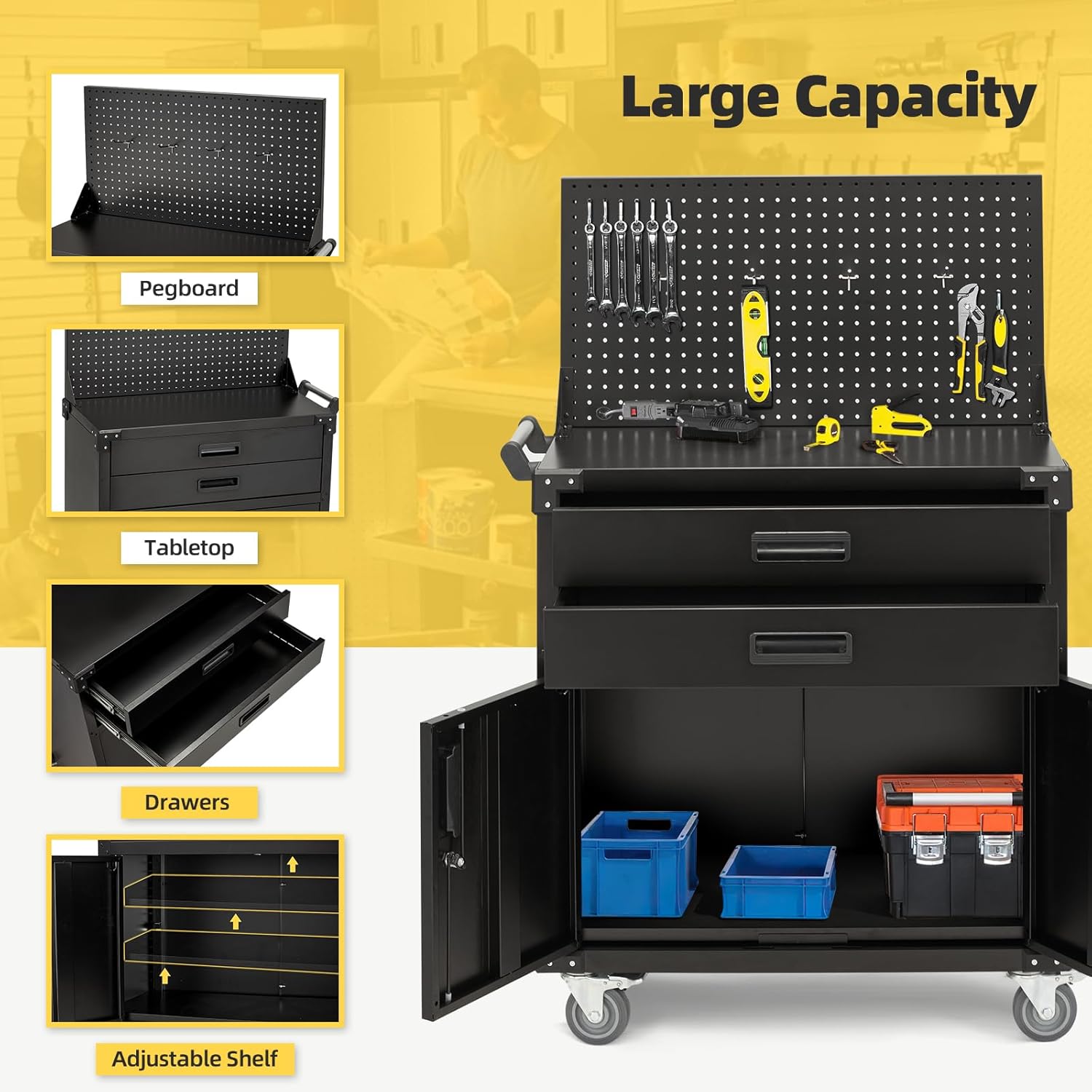 52'' Work Bench for Garage with Pegboard Drawers and Cabinets Heavy Duty Metal Frame Tool Bench for Shop Kitchen Cabinets Organizer Work Table with