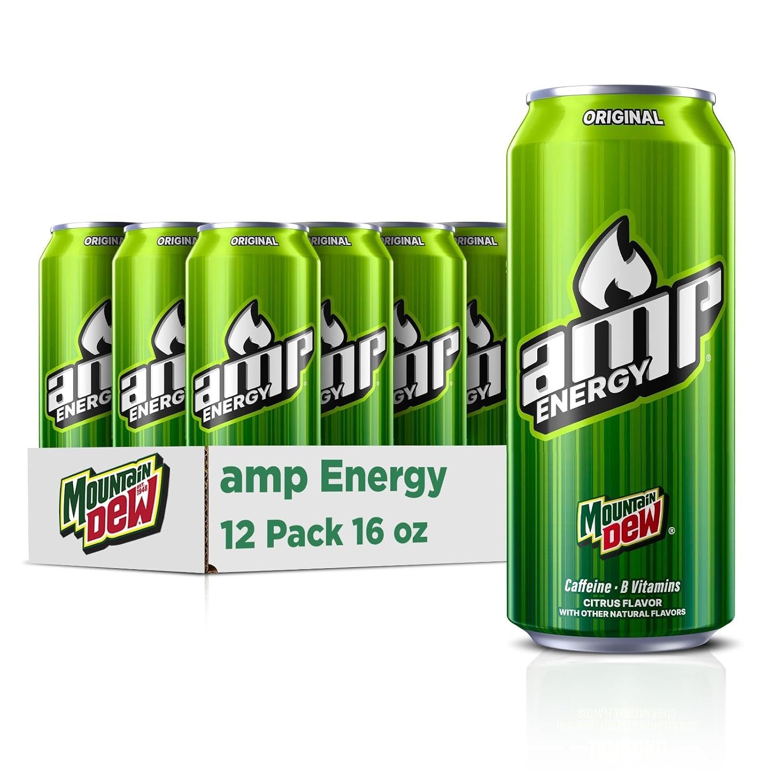 Mountain Dew AMP Energy Drink, Original, 16 fl oz cans (12 Pack) | Energy Drink with Caffeine & B Vitamins, Packaging May Vary
