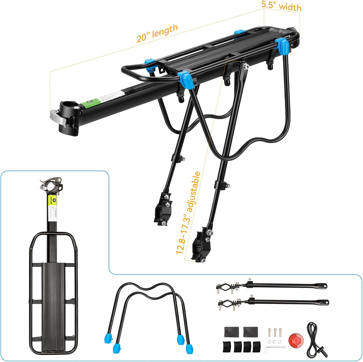 ROCKBROS Rear Bike Rack Quick Release Bike Cargo Rack for Luggage Commuting | Easy to install,heavy duty steel,red reflector,side protection,quick release system,rear back pannier rack with intructions