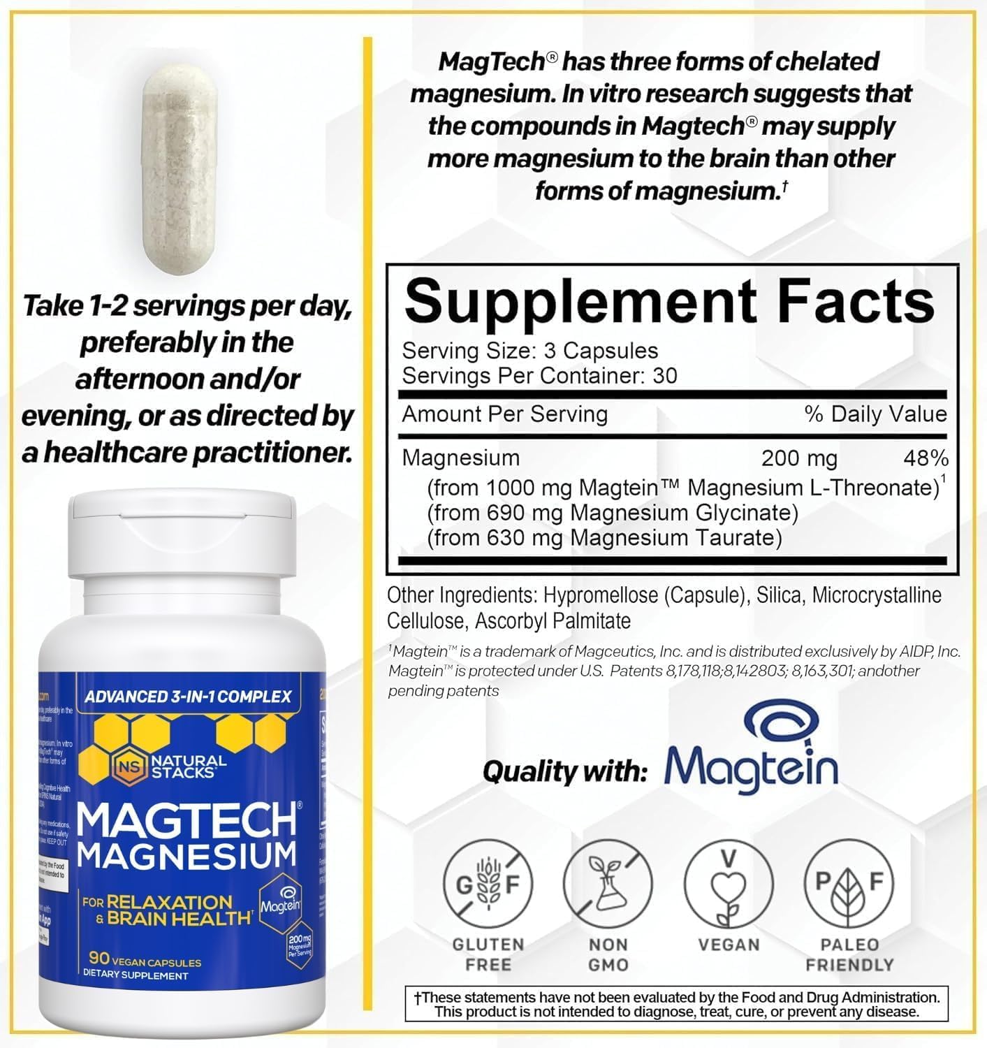MagTech Magnesium Complex Glycinate, L-Threonate and Taurate, 90 Capsules | Advanced 3 in 1 200mg Chelated Triple Blend w/ Magtein - Supports Relaxation & Brain Health for Women & Men - Natural Stacks