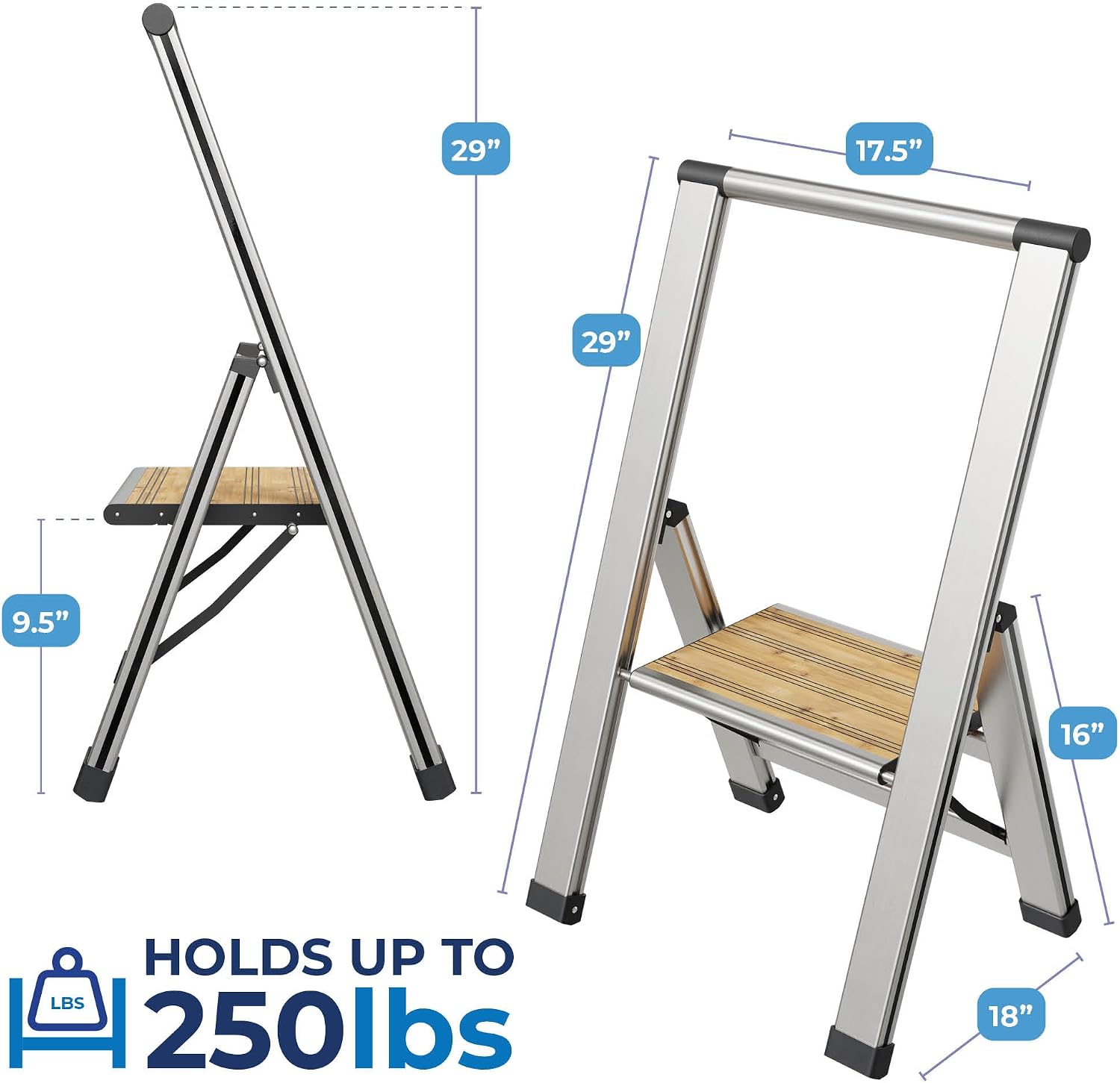 Step Ladder 2 Step Folding, Decorative - Beautiful Bamboo & Silver Aluminum, Ultra Slim Profile, Anti Slip Steps, Sturdy-Portable for Home, Office