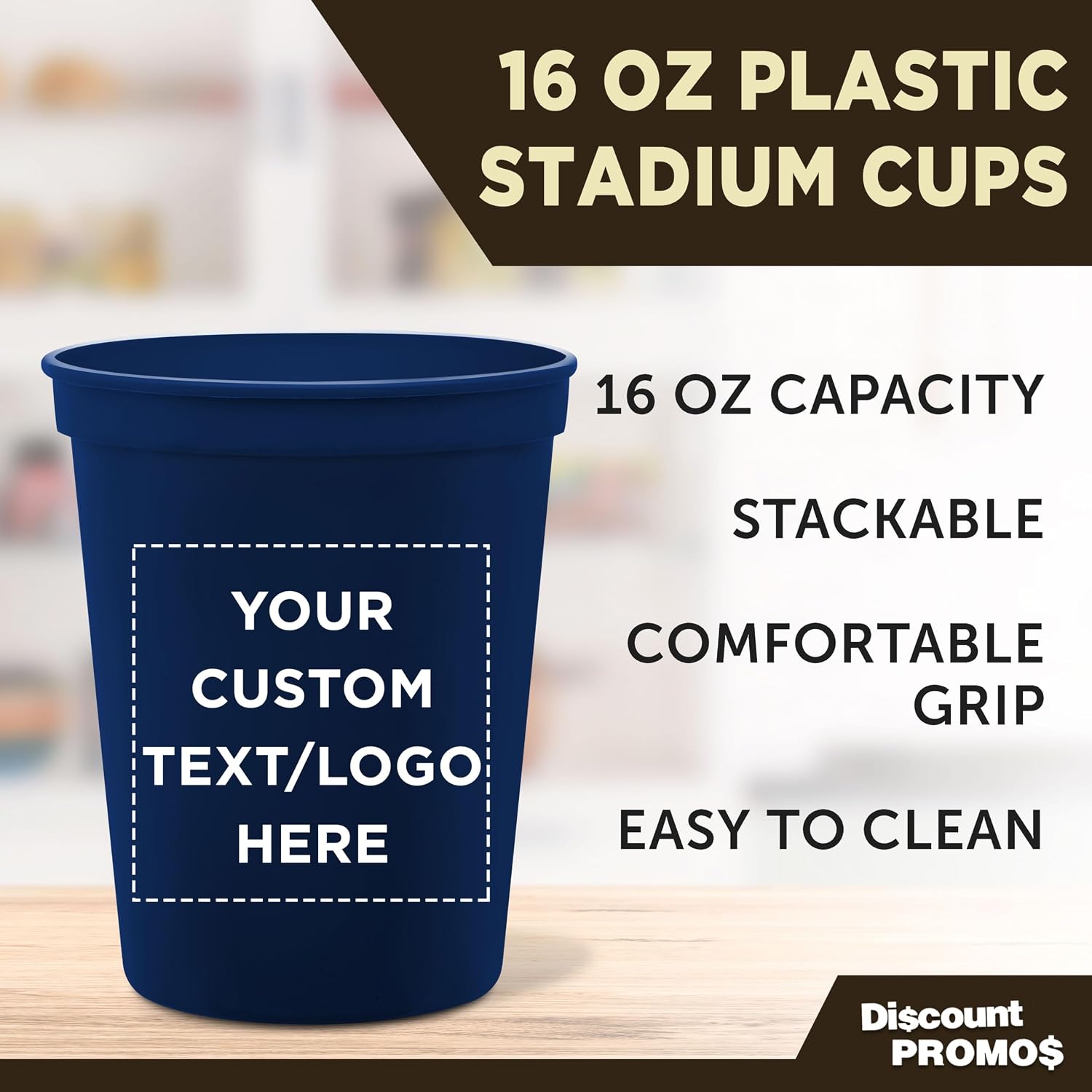 DISCOUNT PROMOS Custom Plastic Stadium Cups 16 oz. Set of 10/50/100, Personalized Bulk Pack - Perfect for Birthdays, Weddings, Picnic, Beach