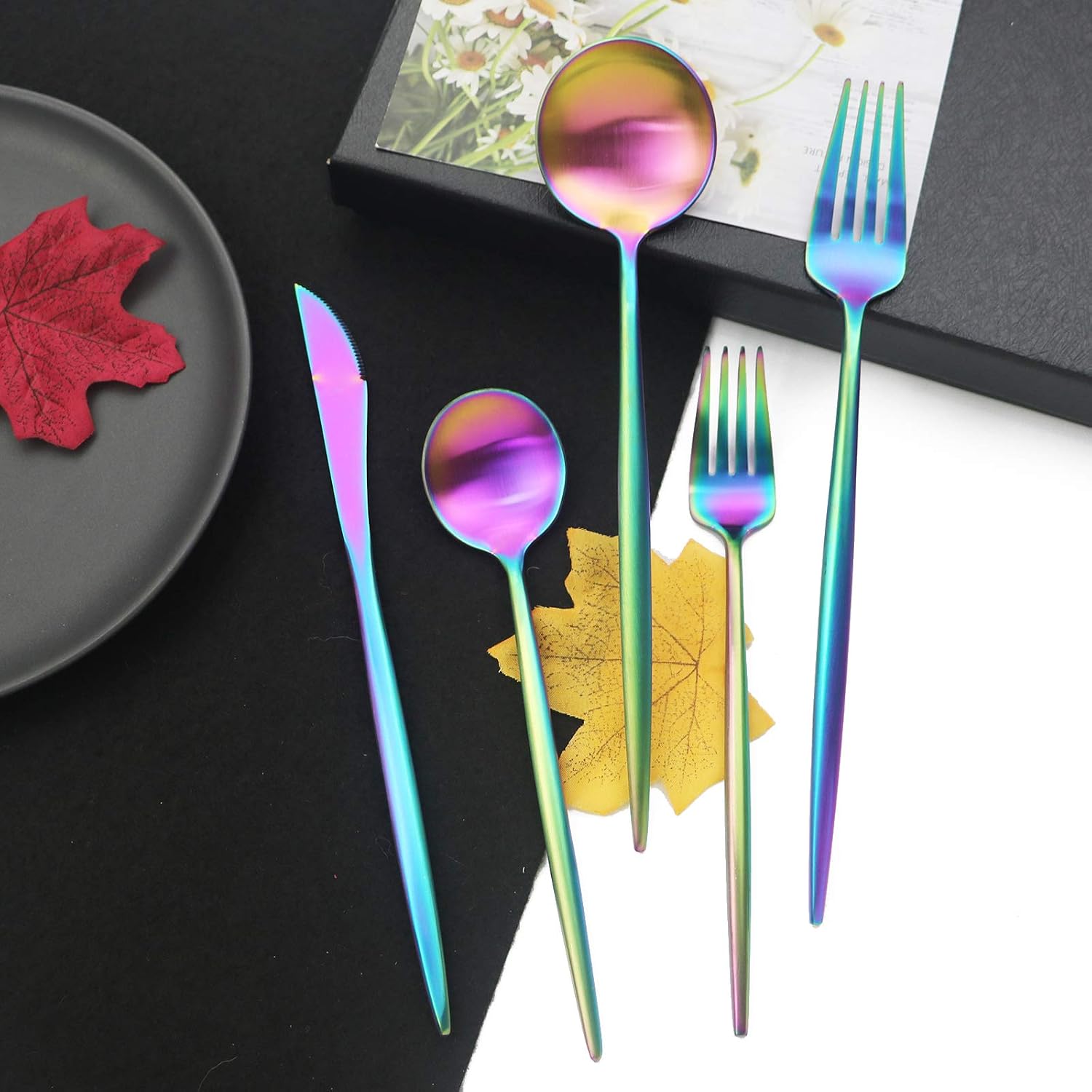 JASHII Luxury 18/10 Rainbow Flatware Set - 304 Stainless Steel Colorful Cutlery - 5-Piece Adaline Royal Modern Satin Finish for Birthday