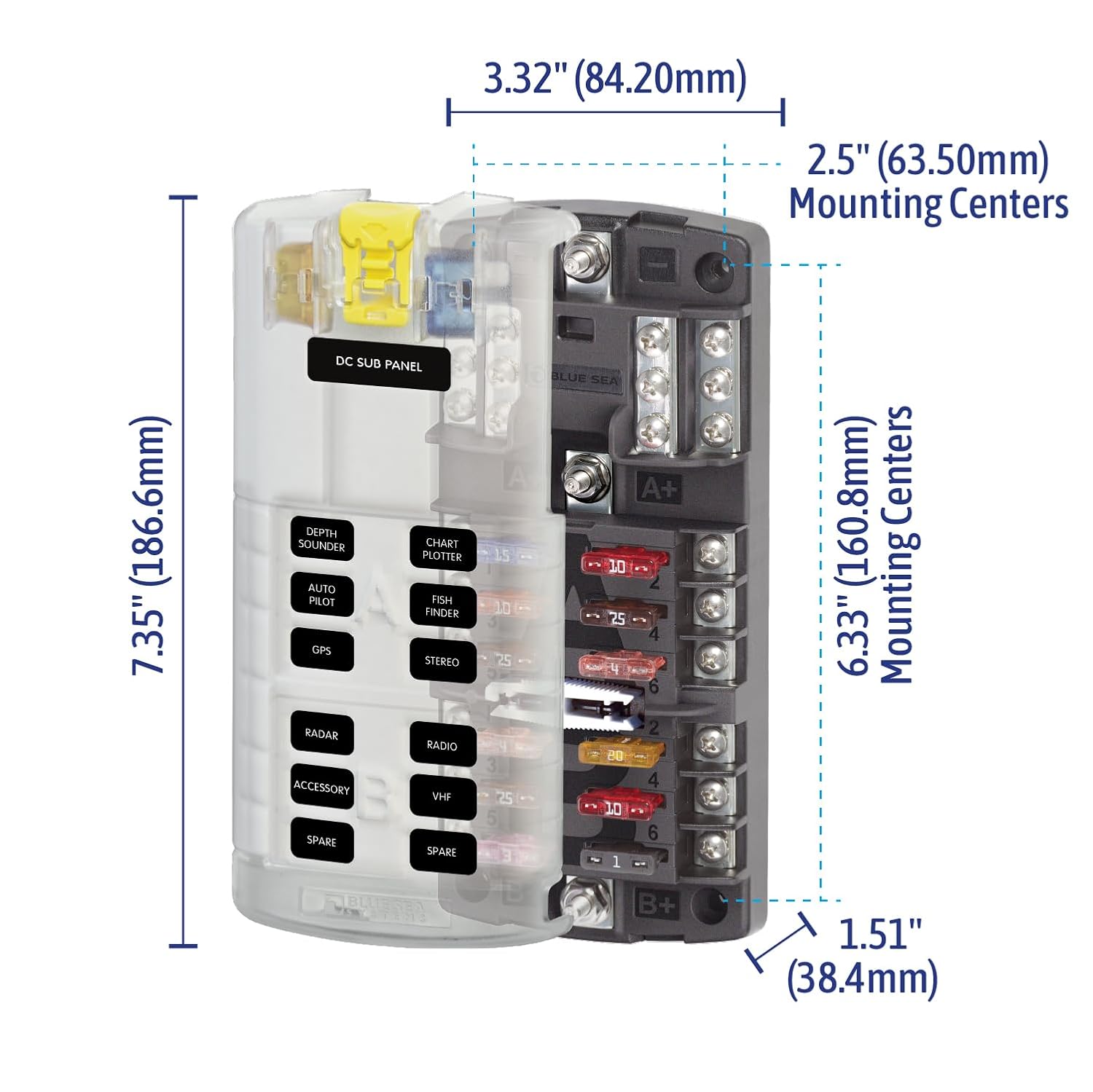 Blue Sea Systems ST Blade Fuse Block 6 Way Circuits with Negative Bus and Cover, 100 Amps, 5025