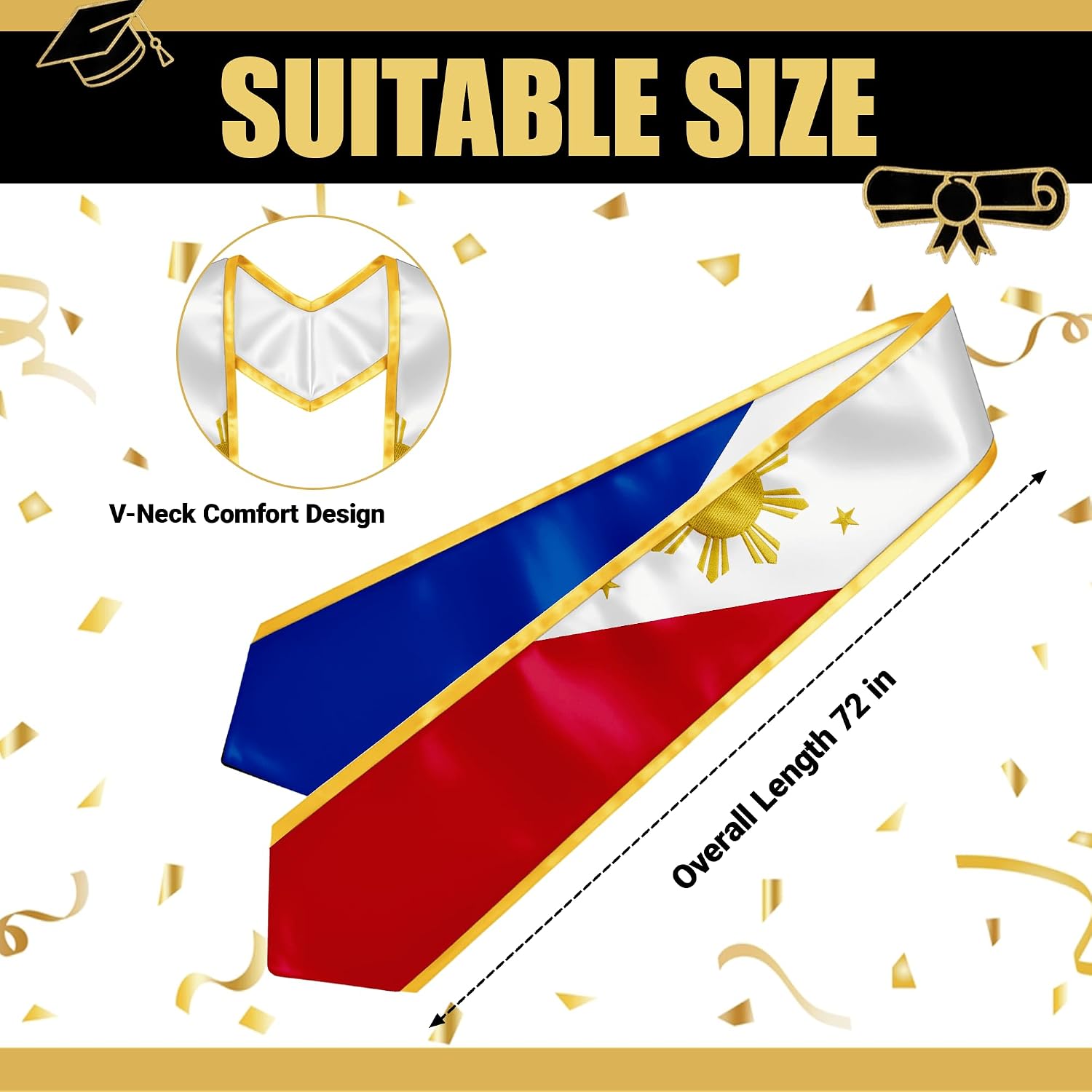 YOXEULL National Flag Embroidered Graduation Stole with Trim, Graduation Sash Graduates Gift, 72"