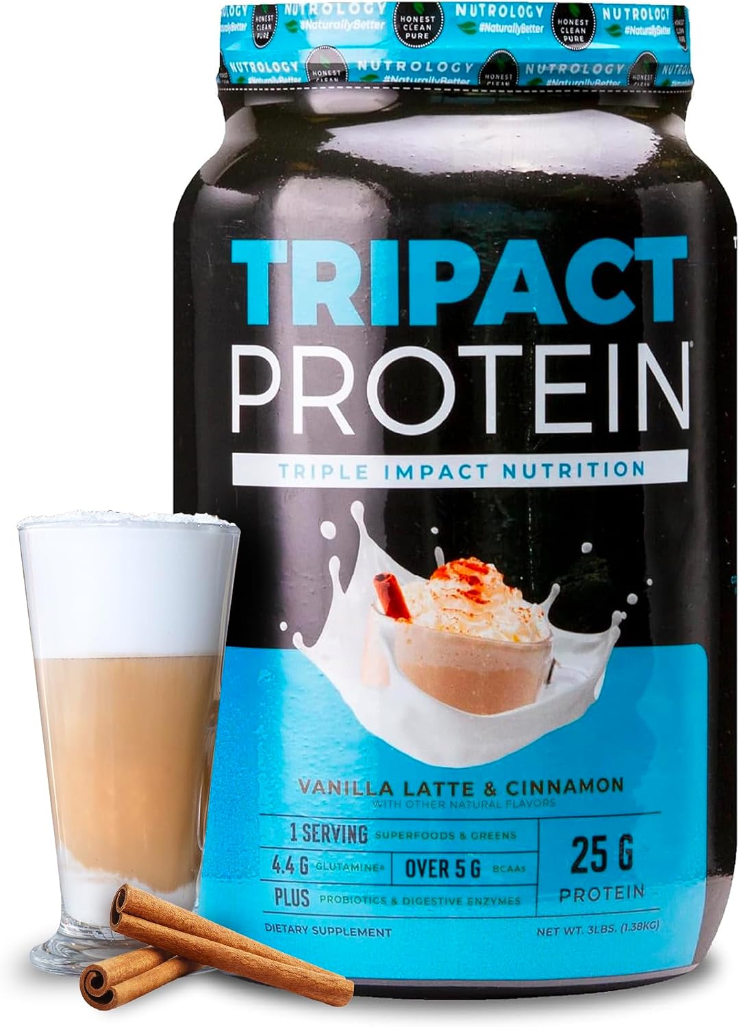 TRIPACT Protein Powder Vanilla Latte Cinnamon - 40 Servings | 7-in-1 Meal Replacement, Grass Fed Whey Protein, Pea Protein, Rice Protein, Greens Blend, Recovery Support