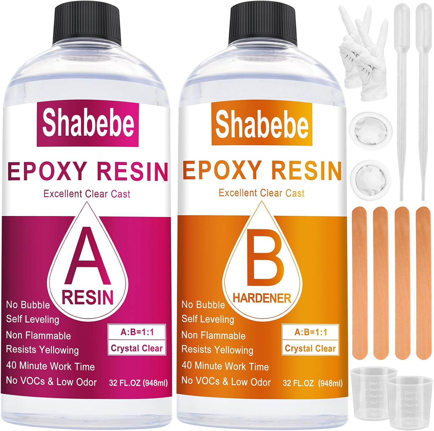 Epoxy Resin, 32OZ Epoxy Resin Crystal Clear, Not-Yellowing No-Bubble, Self Leveling Easy Pour/Mix 1:1 Casting Kit & Coating for DIY Jewelry Making