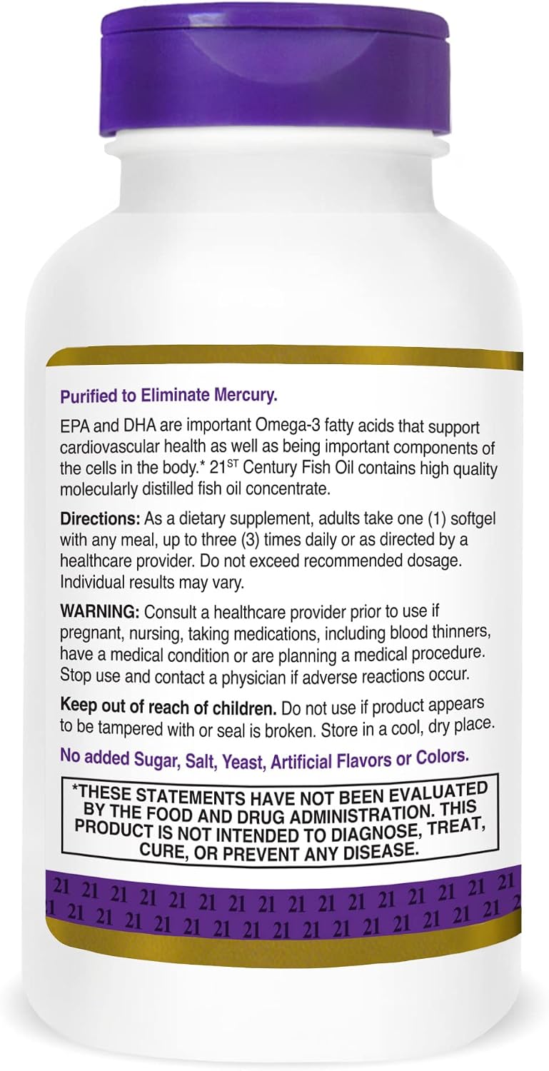 21st Century Fish Oil 1000mg Omega-3 Softgels, Mercury-Filtered, 120ct | Omega-3 Fish Oil with 300 mg EPA & DHA, Heart & Cardiovascular Health Support, Gluten Free, Non-GMO