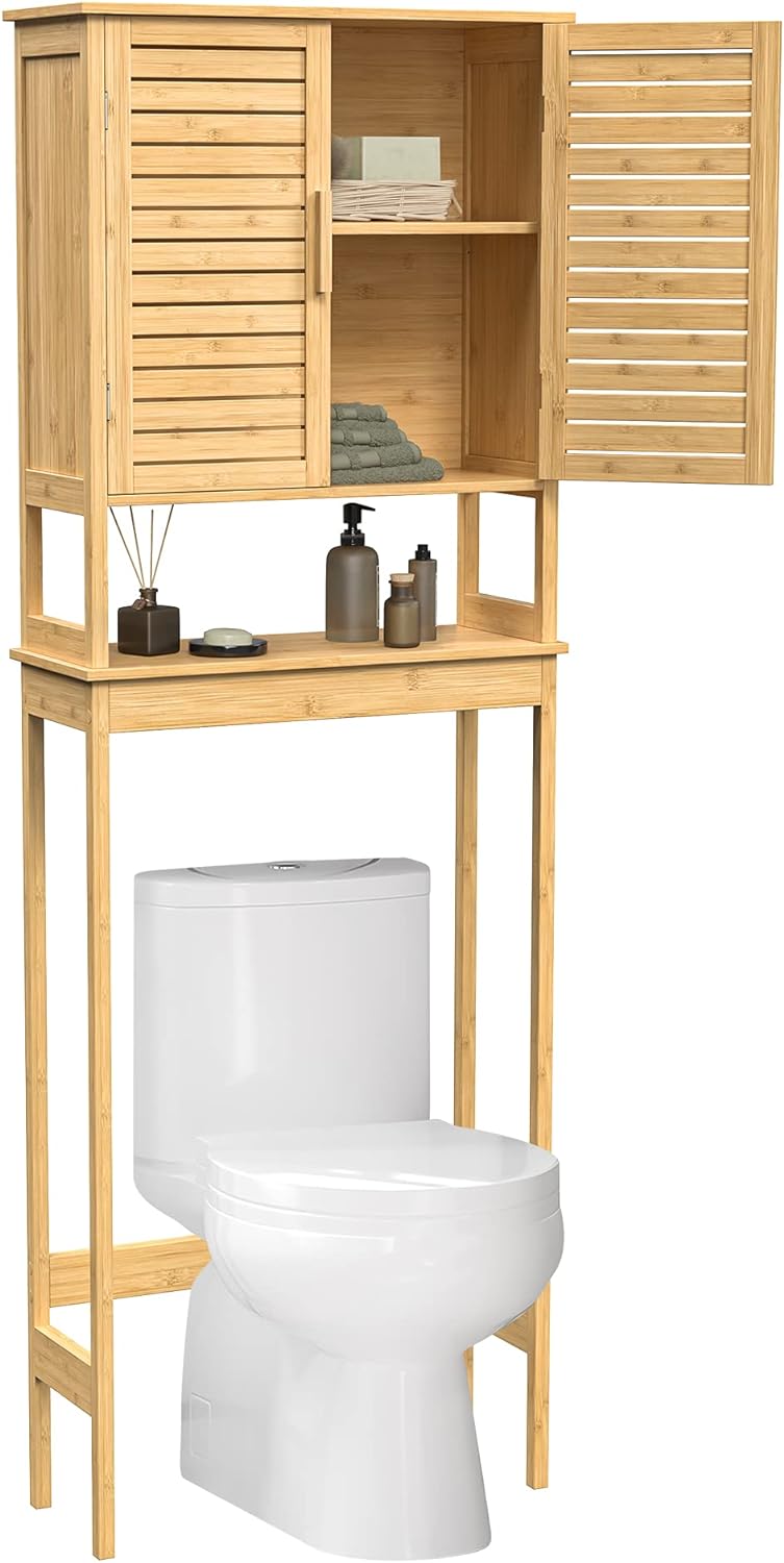 SONGMICS Bamboo Over The Toilet Storage Cabinet, Adjustable Inside Shelf