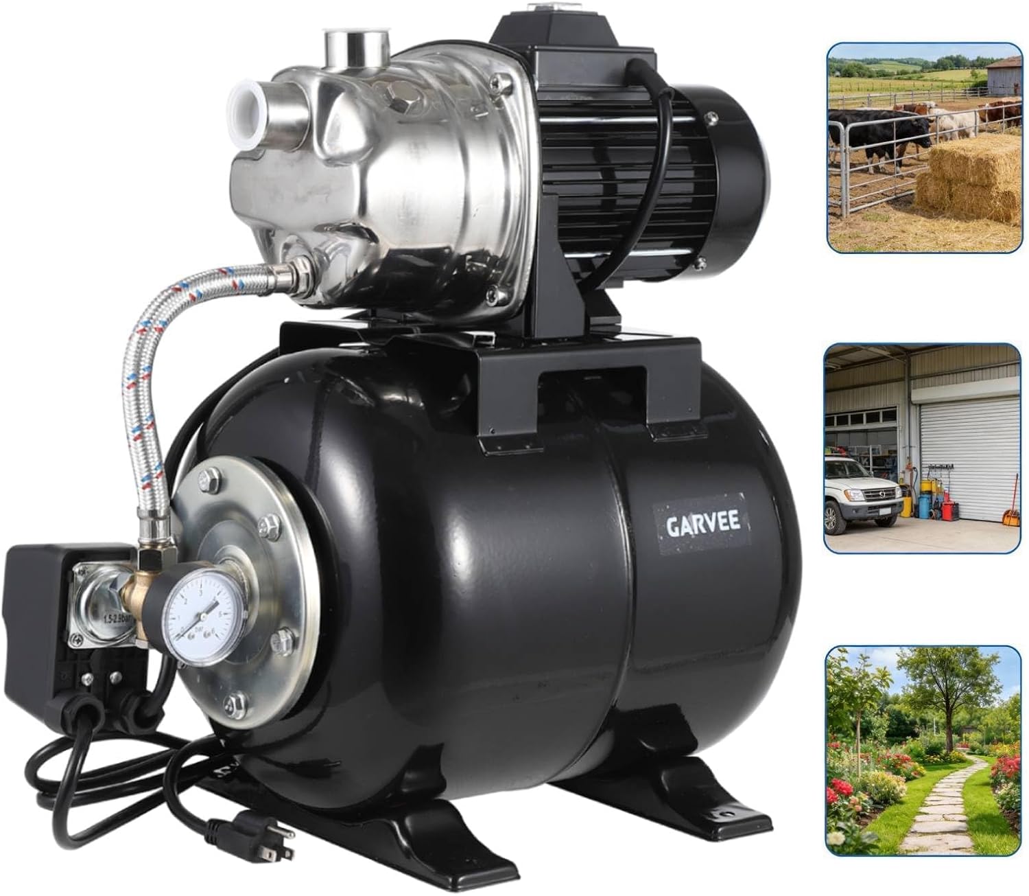1HP Stainless Steel Water Transfer Pump with Well Pressure Tank – Shallow Well Pump & Irrigation Pump Combo, 130ft Max Lift, 20ft Suction Lift, Automatic Pressure Switch for Farm Use