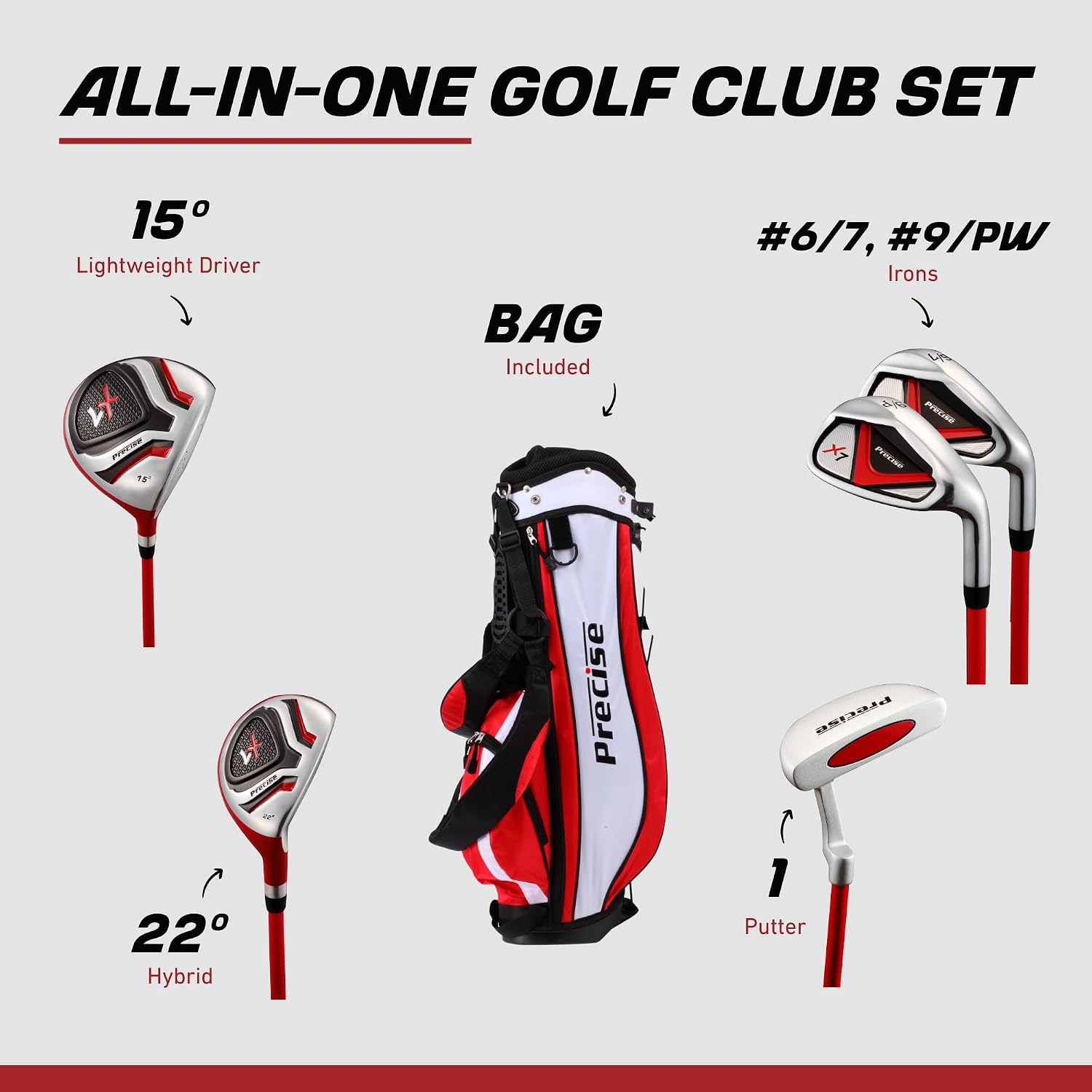 Precise - Kids Golf Club Set | Lightweight graphite shafts, hybrid & irons, putter, stand bag included, for boys and girls, ages 3-12, left/right hand