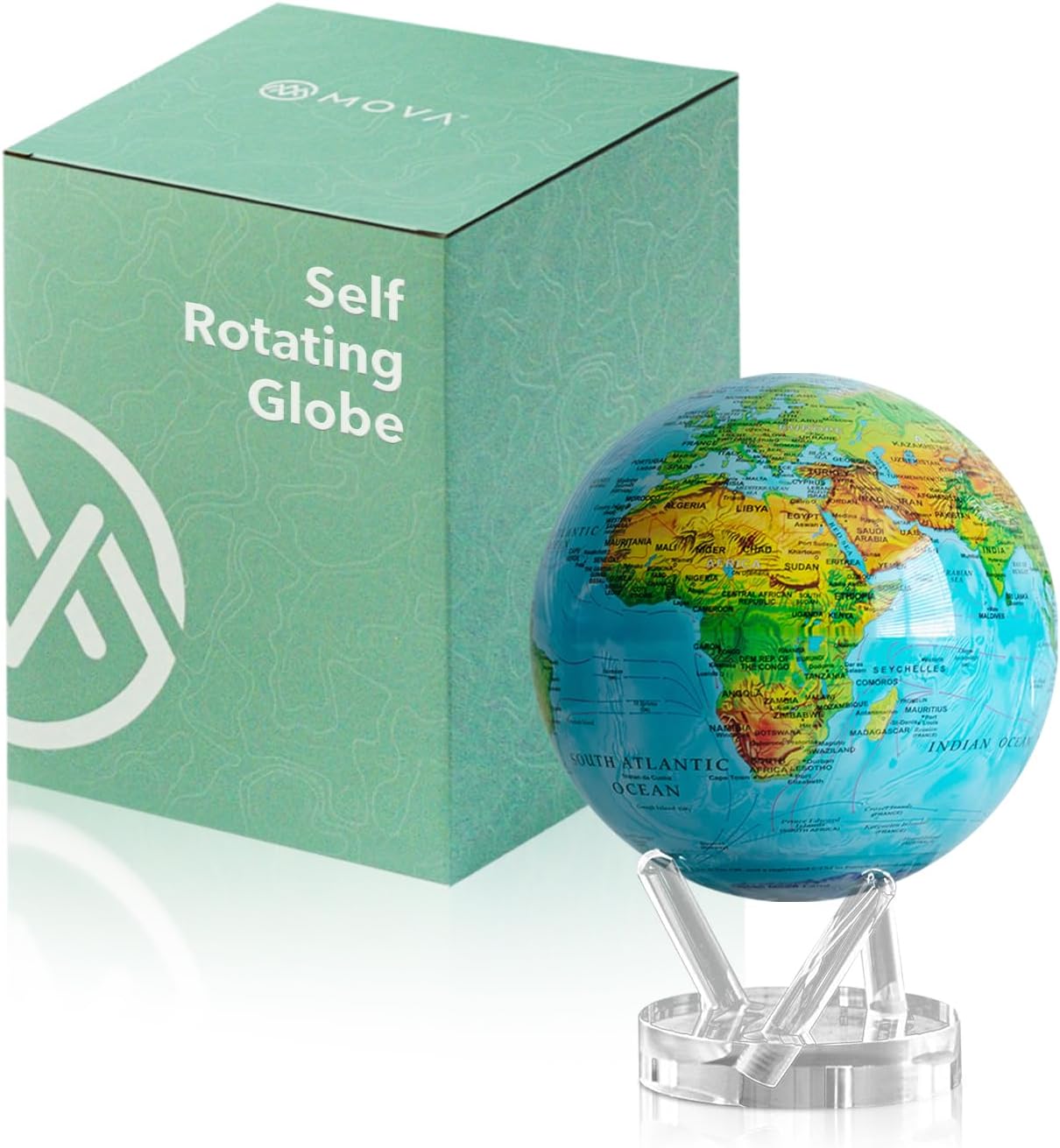 MOVA Self Rotating Globe, Ocean Blue Relief Classic (4.5") | solar powered globe, no batteries or cords, gift for geography lovers, premium kinetic display, office desk decor