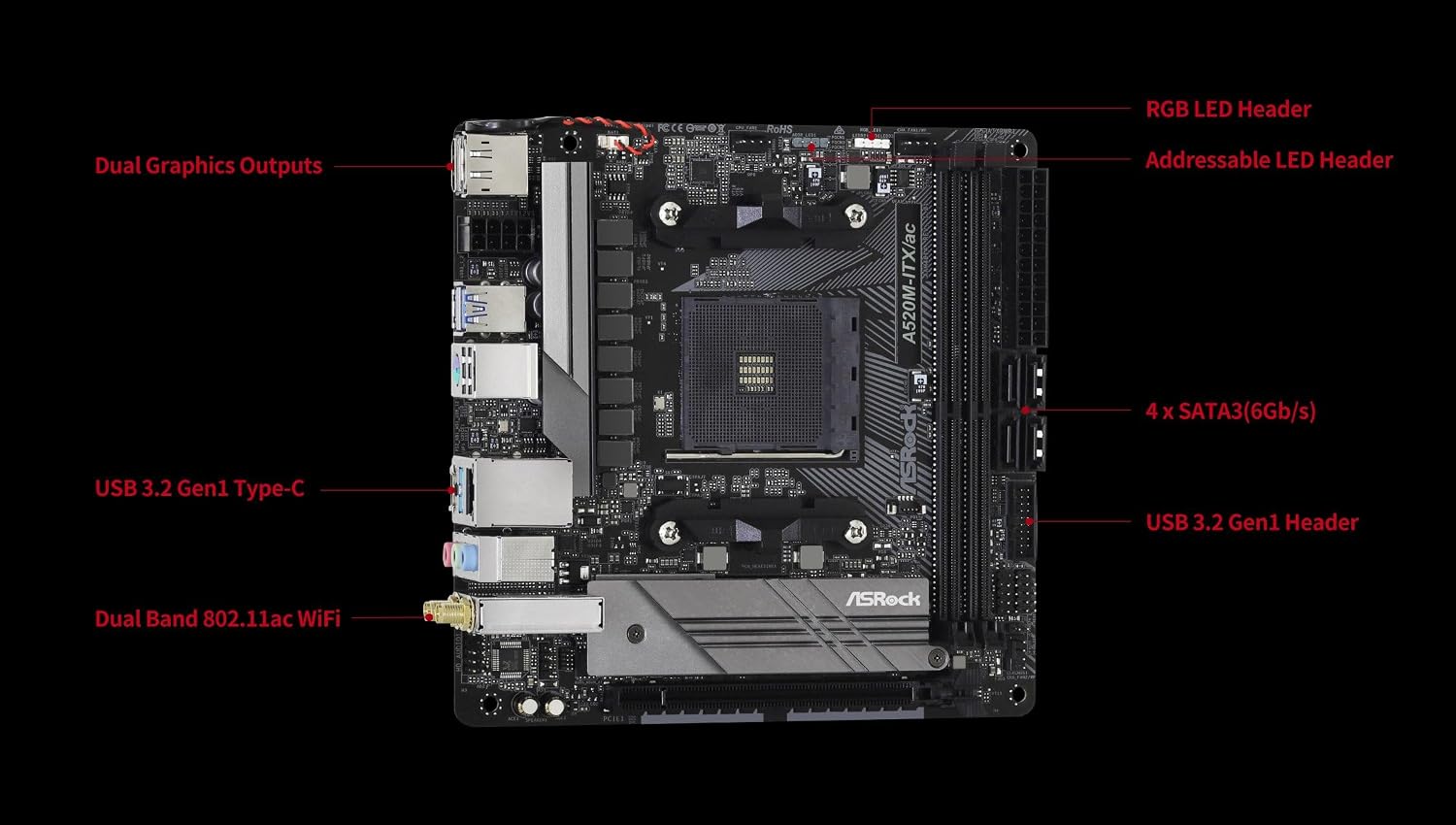 ASRock A520M-ITX/AC Supports 3rd Gen AMD AM4 Ryzen™ / Future AMD Ryzen™ Processors (3000 and 4000 Series Processors) Mini ITX Motherboard