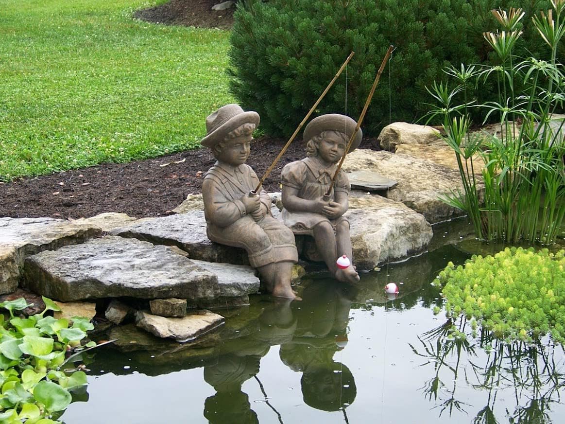 Fishing Boy & Girl Cast Stone Statues - Sculptures - Classic Iron Finish - Great Garden Gift Idea!