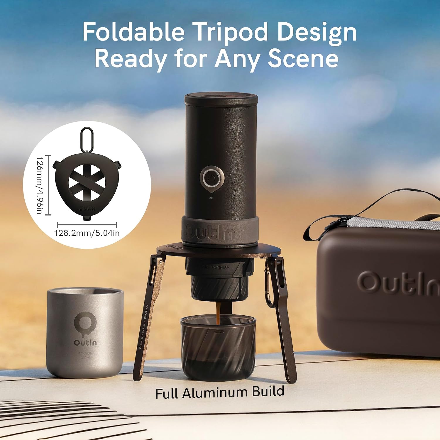 OutIn Mino Portable Electric Espresso Machine Travel Gift Set, 22-Bar Self-Heating Espresso Maker with Foldable Coffee Stand, EVA Plus Carrying Case