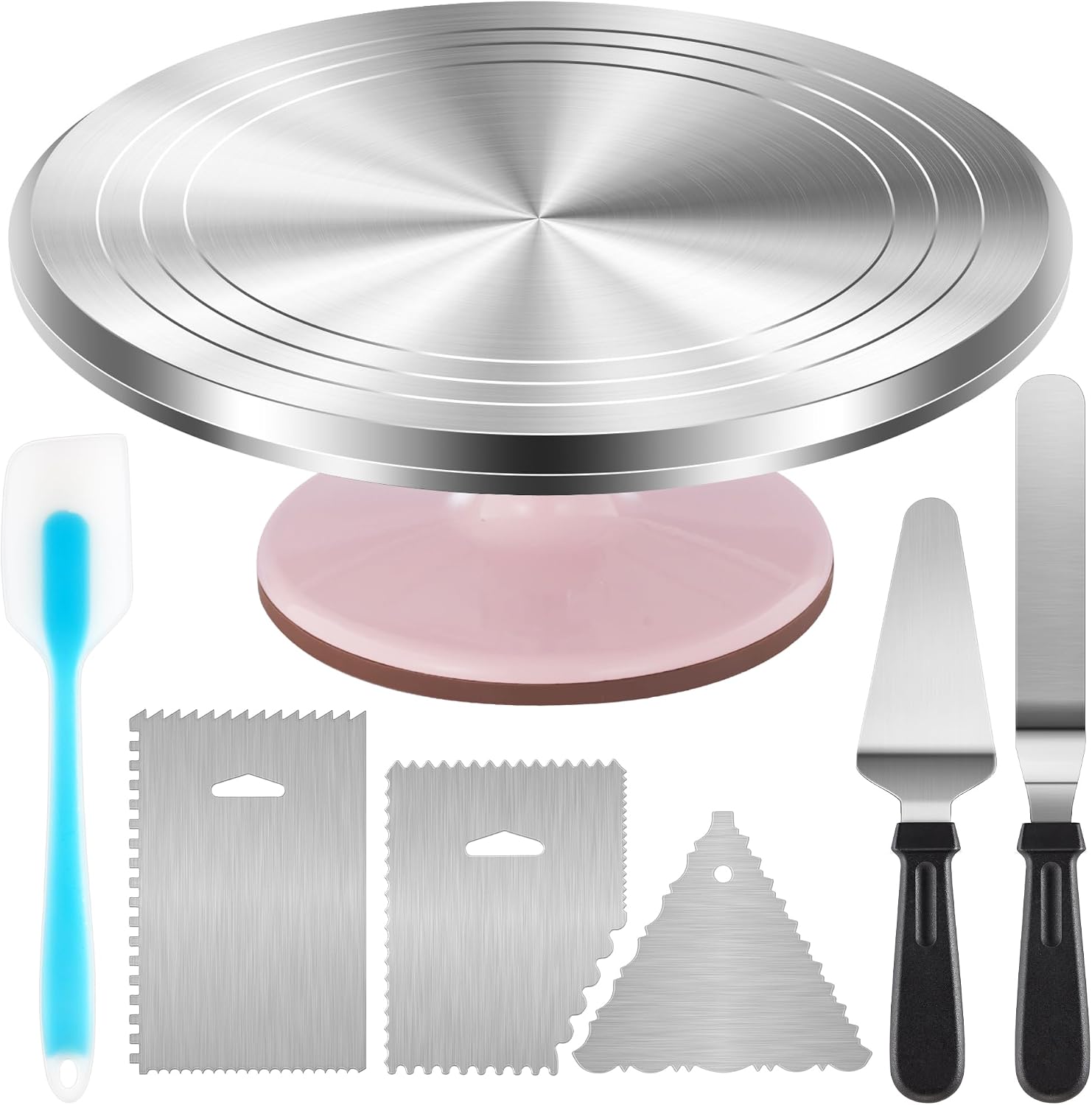 Kootek Aluminum Cake Stand Turntable Set for Decorating Baking Kit, 12" | Beginner-friendly, Baking Supplies Tools with Cake Stand Turntable for Decorating and Display, 2 Spatulas, 3 Icing Scrapers